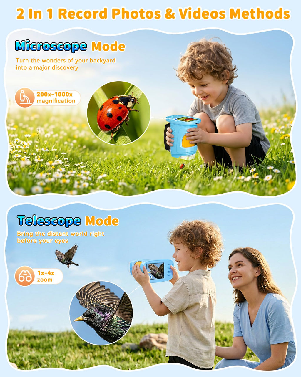 1000X Kids Handheld Microscope, 4K Digital Mini Pocket Digital Microscope with 2.4" IPS Screen, Built-in Camera & 12 Prepared Slides, STEM Educational Toy, Birthday Gift for Boys & Girls Ages 3–12