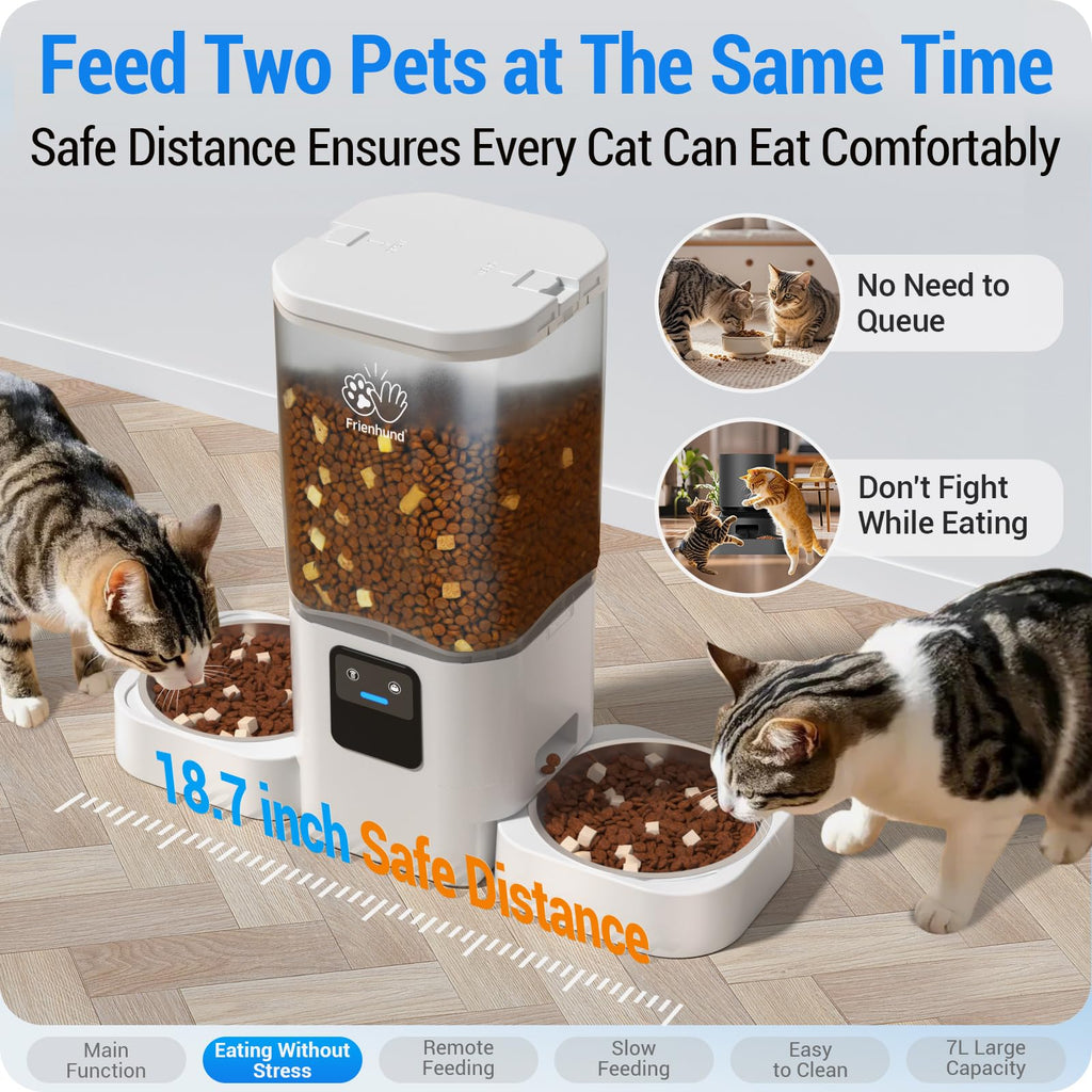 Frienhund Automatic Cat Feeder 2 Cats with Slow Feed: Dual Automatic Dog Feeder with 5G WiFi, Cat Food Dispenser with APP Control for Multiple Pets, Detachable for Easy Clean, Double Pet Bowl - 29 Cup