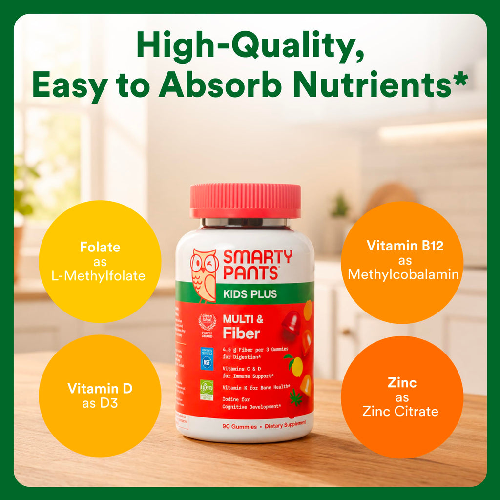 SmartyPants Kids Multivitamin & Fiber Gummies: Prebiotic Fiber to Support Kids Digestion with Vitamin D3, C, Vitamin B12, B6, A, Zinc, Biotin, Folate, Three Fruit Flavors, 90 Count (30 Day Supply)