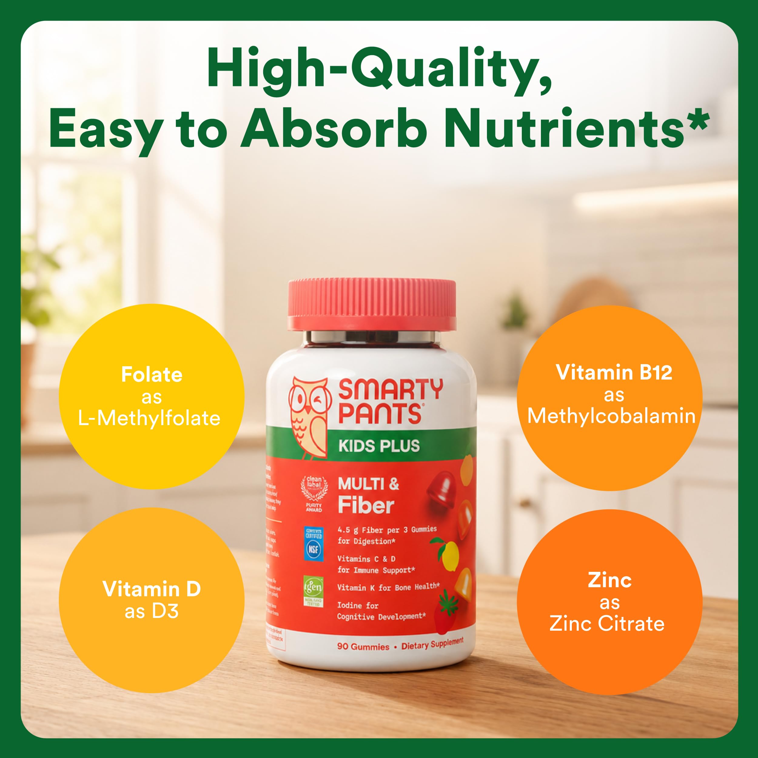SmartyPants Kids Multivitamin & Fiber Gummies: Prebiotic Fiber to Support Kids Digestion with Vitamin D3, C, Vitamin B12, B6, A, Zinc, Biotin, Folate, Three Fruit Flavors, 90 Count (30 Day Supply)
