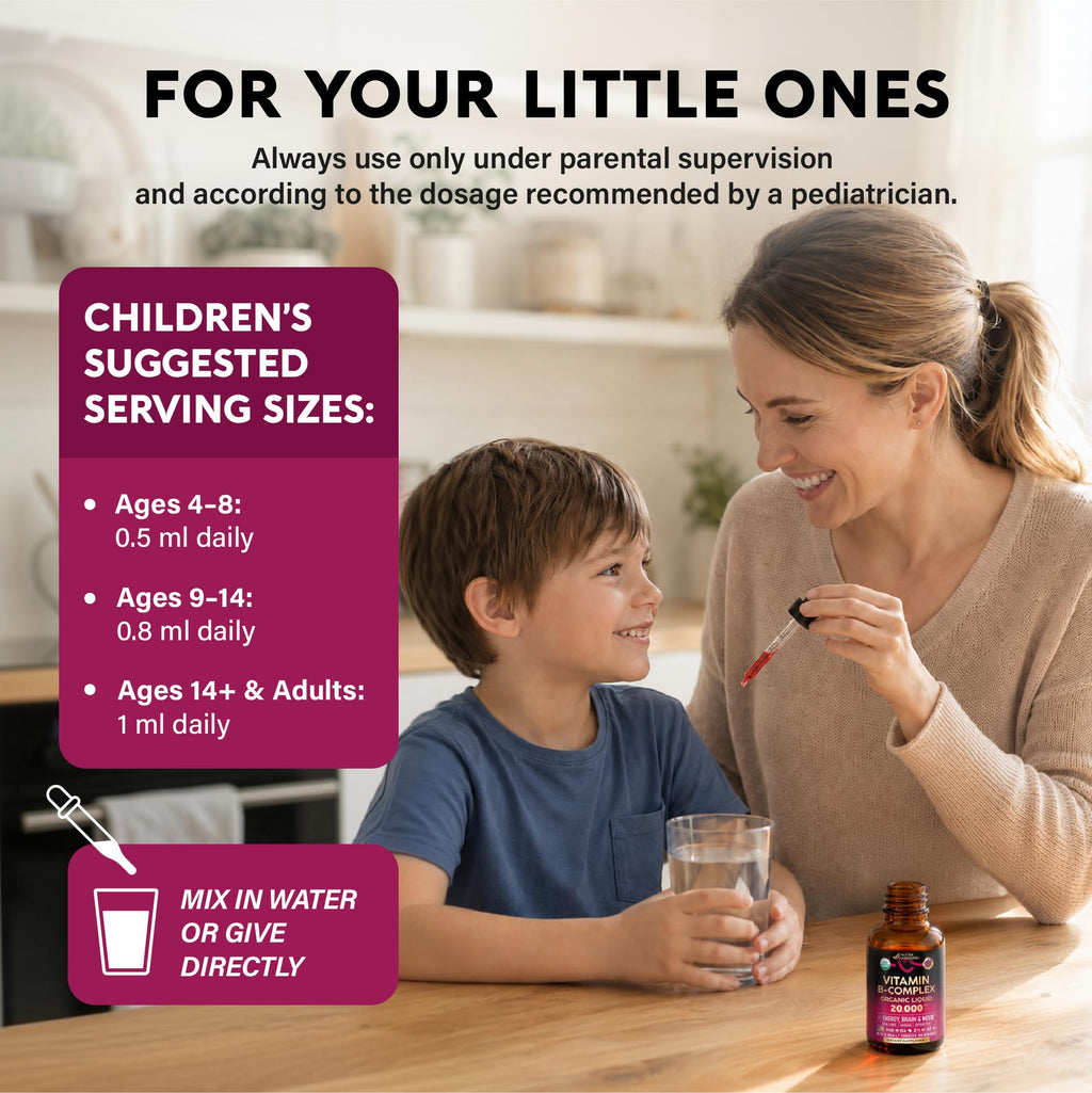 USDA Organic Vitamin B-Complex B5 Pantothenic Acid | B12 Methylcobalamin | B1 Thiamine | B6 Pyridoxine | B7 Biotin | B9 Folic | B3 Niacinamide - B Complex Liquid Drops, Natural Berry Flavor, 4fl oz