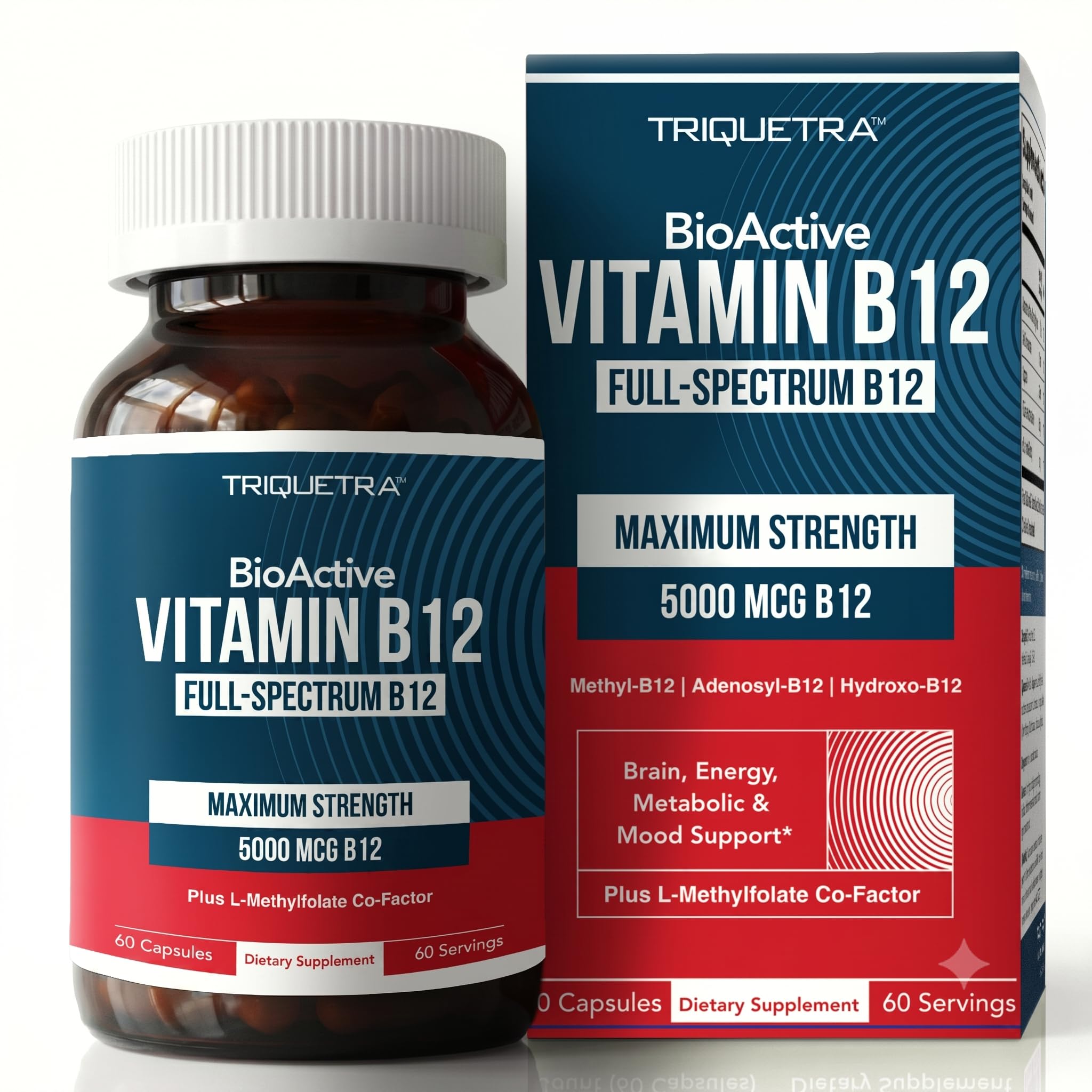 Triquetra Health Vitamin B12 5000mcg Complex, Methylated Methylcobalamin for Women & Men with Hydroxocobalamin, & Adenosylcobalamin, Supports Energy, Metabolism & Mood, Vegan, Non-GMO (60 Servings)