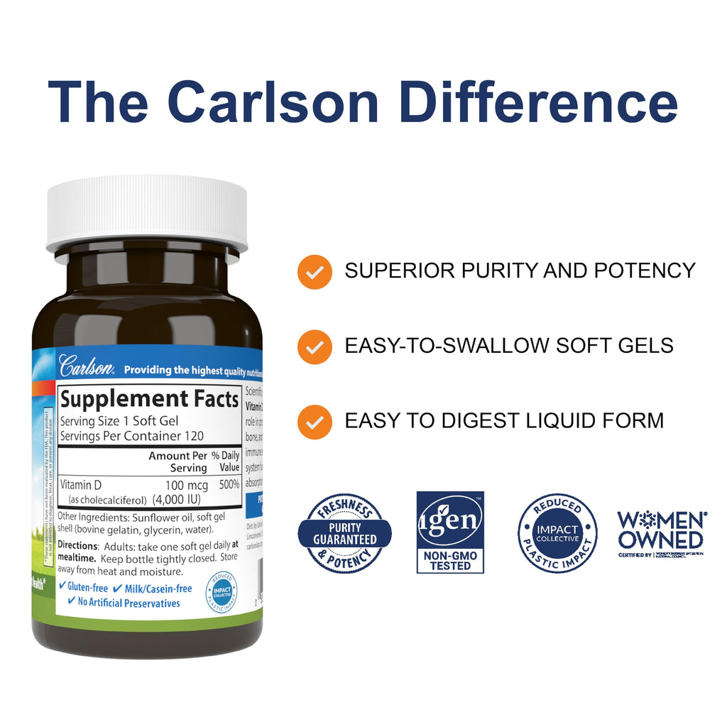 Carlson Vitamin D3 4000 IU (100 mcg), Bone Health, 120 Softgels