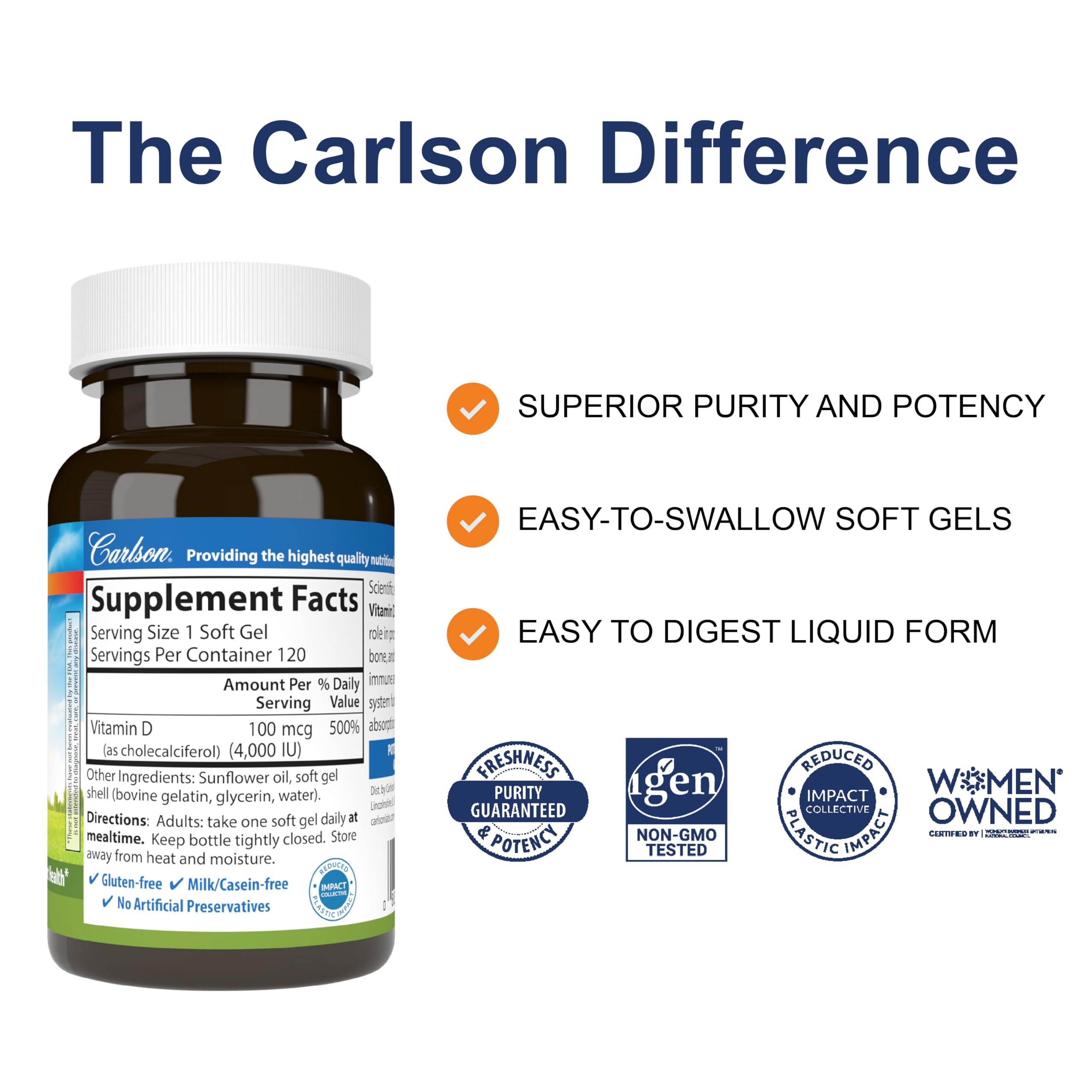 Carlson Vitamin D3 4000 IU (100 mcg), Bone Health, 120 Softgels