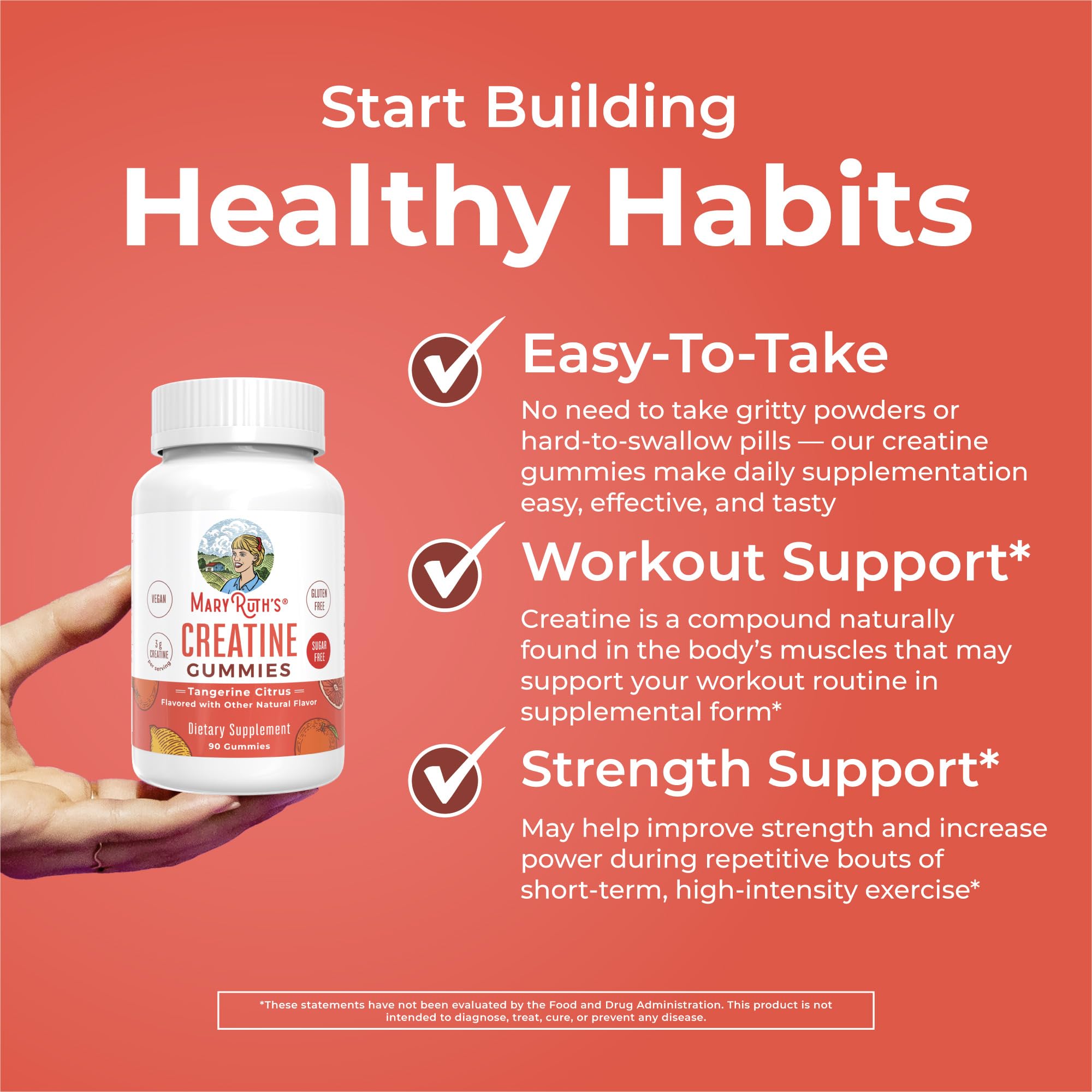 MaryRuth's Creatine Gummies | Creatine Monohydrate Gummies | 3g Creatine Per Serving | Creatine for Women & Men | Tangerine Citrus Flavor | Exercise | Workout | Sugar Free | Vegan | 90 Count