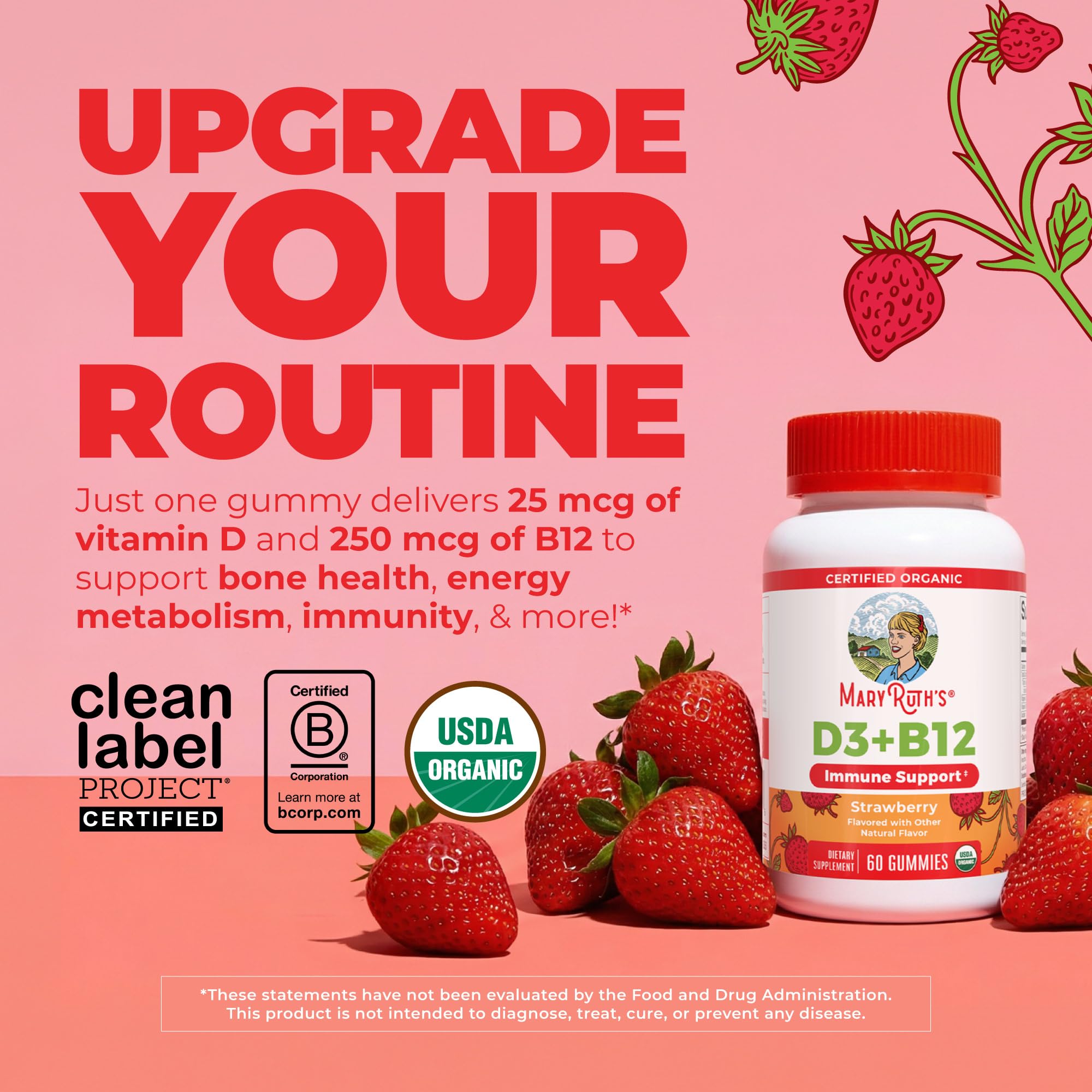MARYRUTH'S Organic Vitamin D3 + B12 Gummies for Ages 4+, 60 Servings, Vegan
