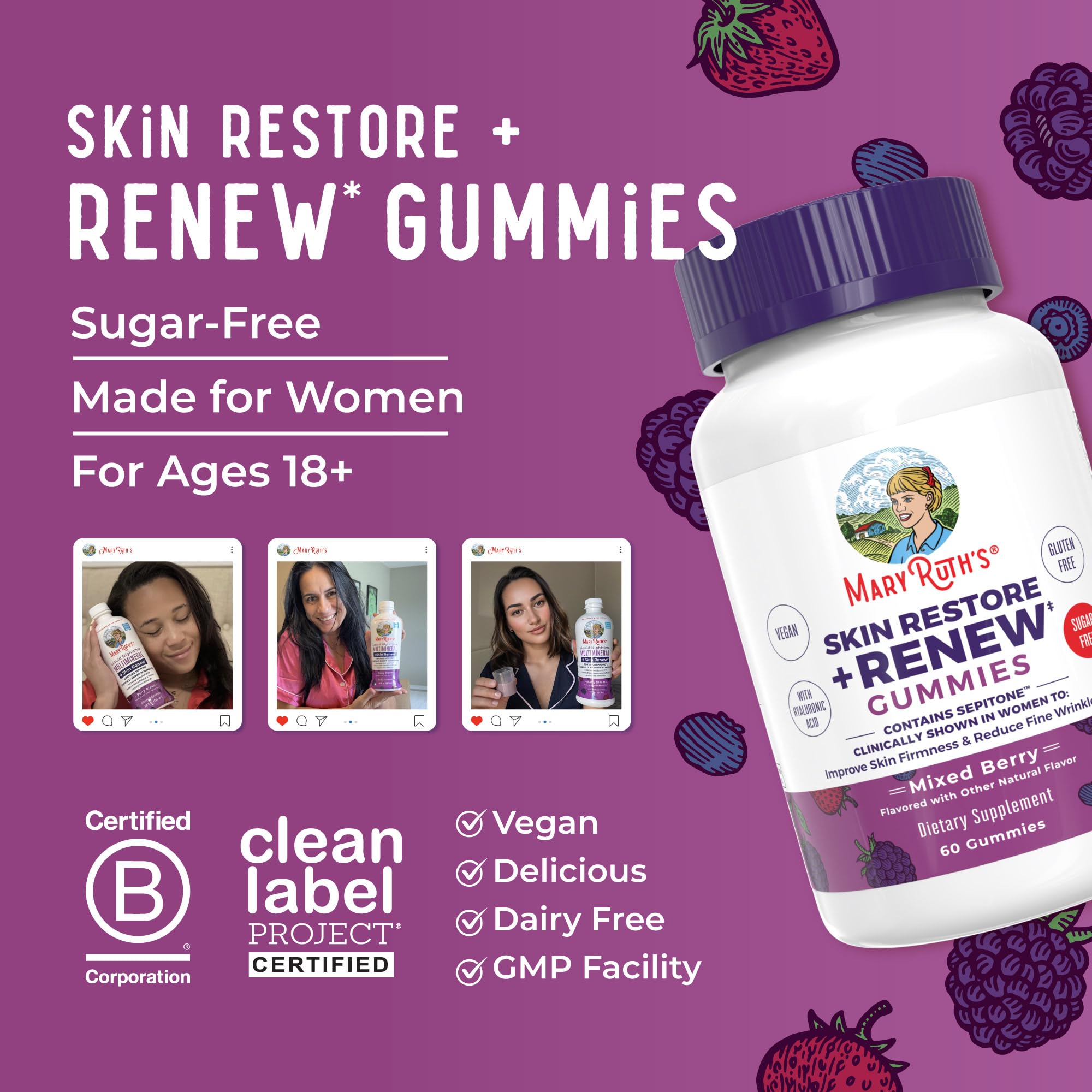 MaryRuth's Skin Restore + Renew Gummies with Hyaluronic Acid, 60 Gummies