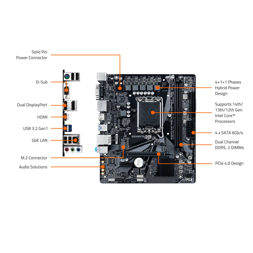 GIGABYTE H610M S2H V2 Motherboard, Supports 14th/13th/12th Gen Intel Core Processors (LGA 1700), mATX, DDR5, 1x M.2, PCIe 4.0, USB-C, HDMI, 2X DisplayPort, D-Sub, 1GbE LAN