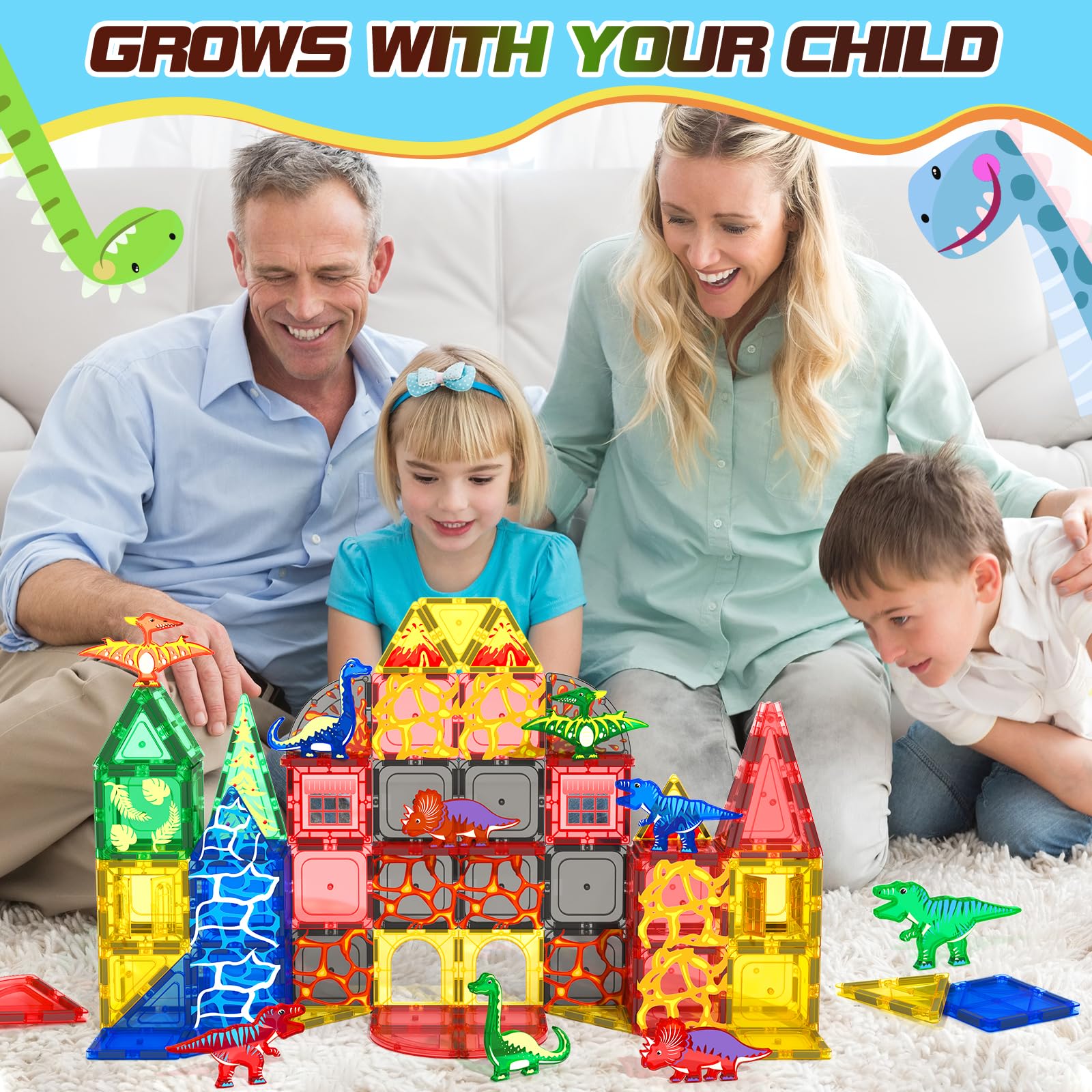 102PCS Dinosaur Toys Magnetic Tiles with 8 Dinosaurs - Jurassic Scenes Toys