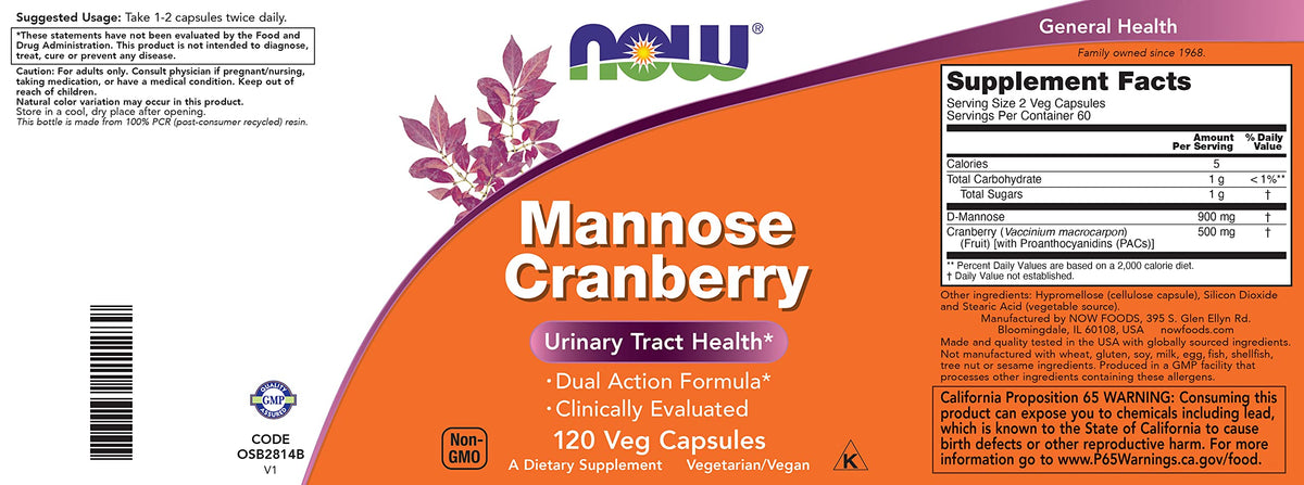 NOW Foods Mannose Cranberry, 120 Veg Capsules, PAC, 450mg dMannose, 250mg Whole Cranberry, Vegan Friendly Supplement, Non-GMO