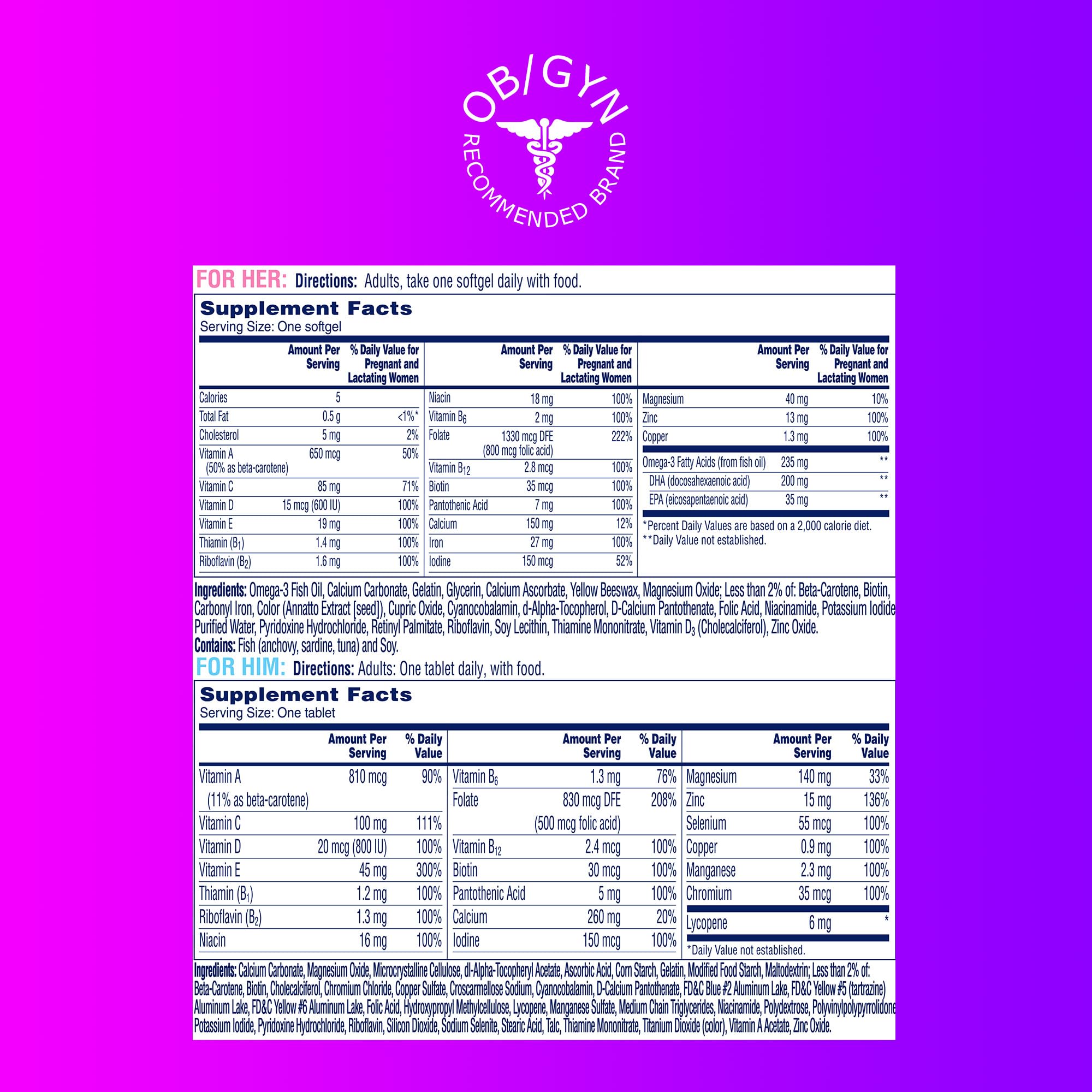 One A Day Men's & Women's Pre-Pregnancy Multivitamin Softgel including Vitamins A, Vitamin C, Vitamin D, B6, B12, Folic Acid & more, 30+30 Count, Supplement for Before, During, and Postnatal