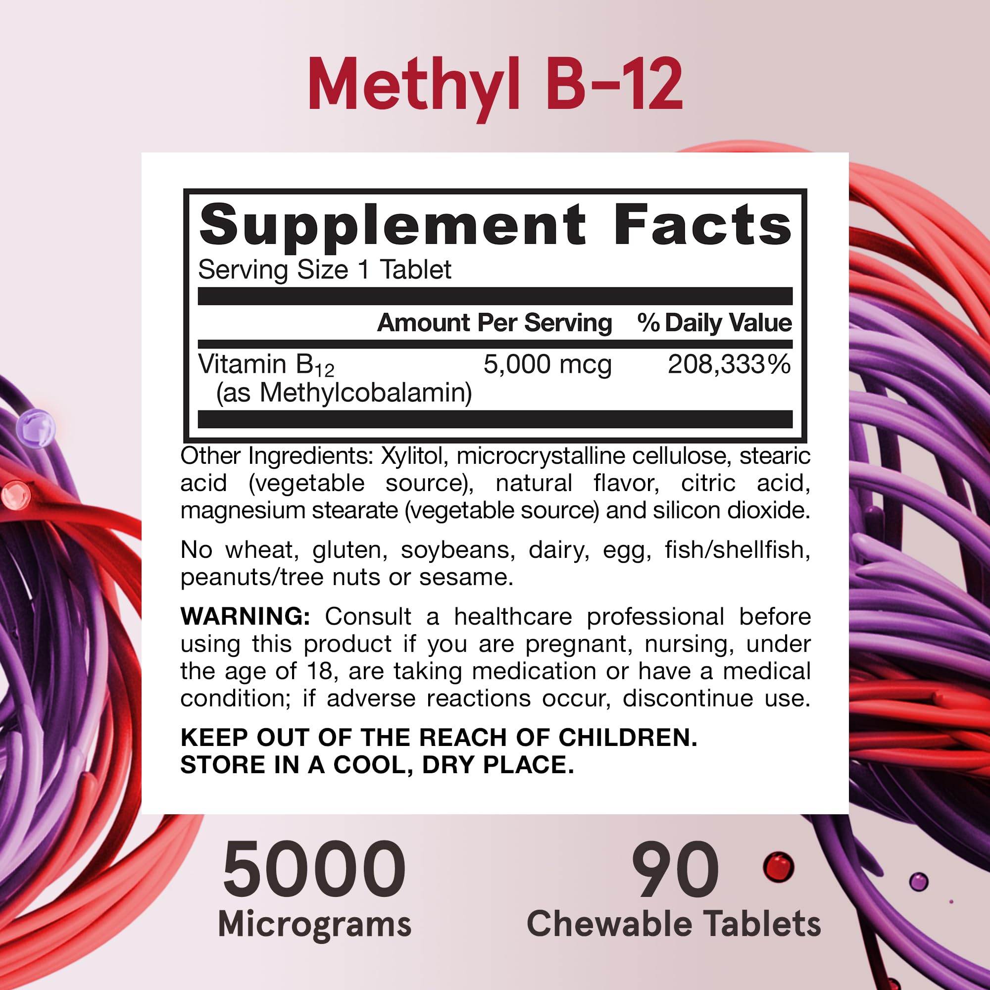 Jarrow Formulas Vitamin B12 5000 mcg - Maximum Strength for Cellular Energy and Brain Health, 90 Cherry Chewable Tablets, B12 Vitamins 5000 mcg