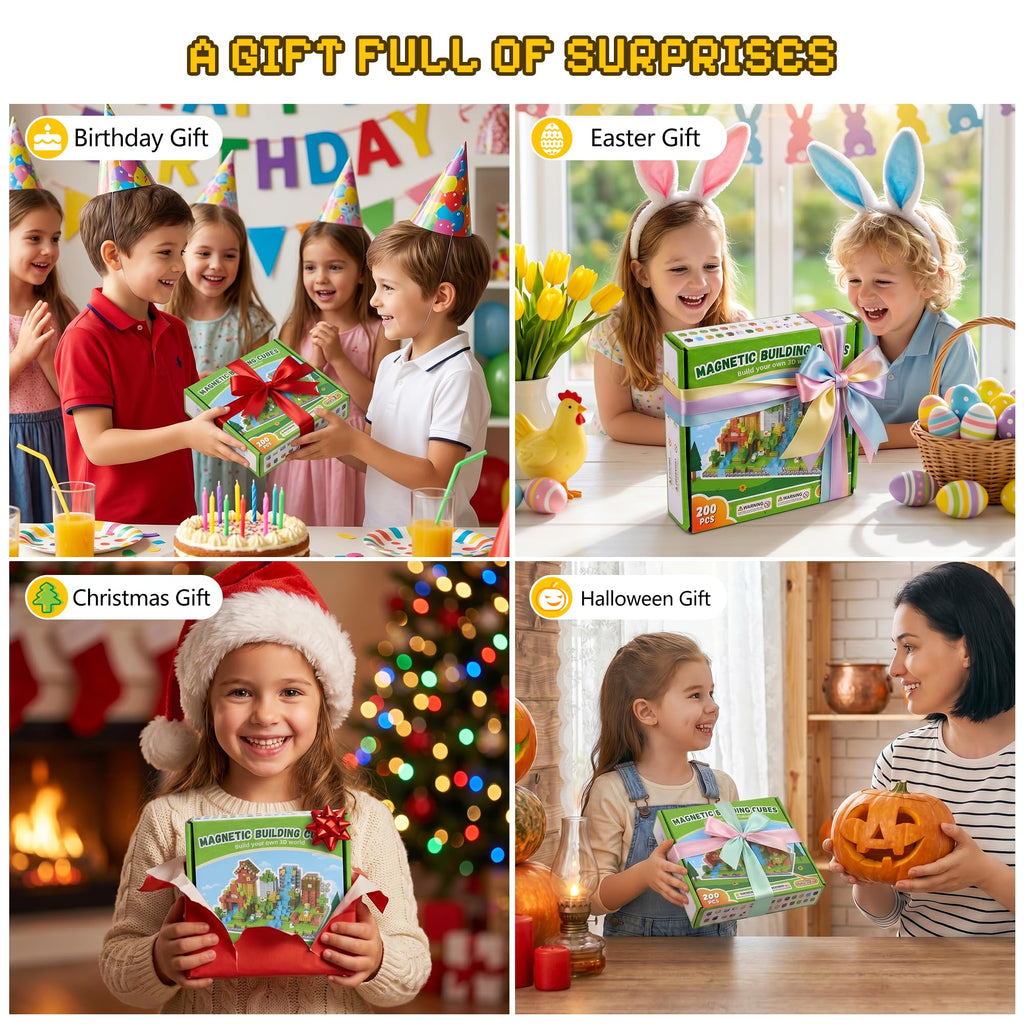 Fitrobust 200PCS Magnetic Building Blocks Set, Magnetic Tiles Kids Build Cubes STEM Game Toys, Build Forest World Set, Christmas Birthday Gifts for Boys & Girls Age 3 4 5 6 7 8 9 10, 0.78 in Size