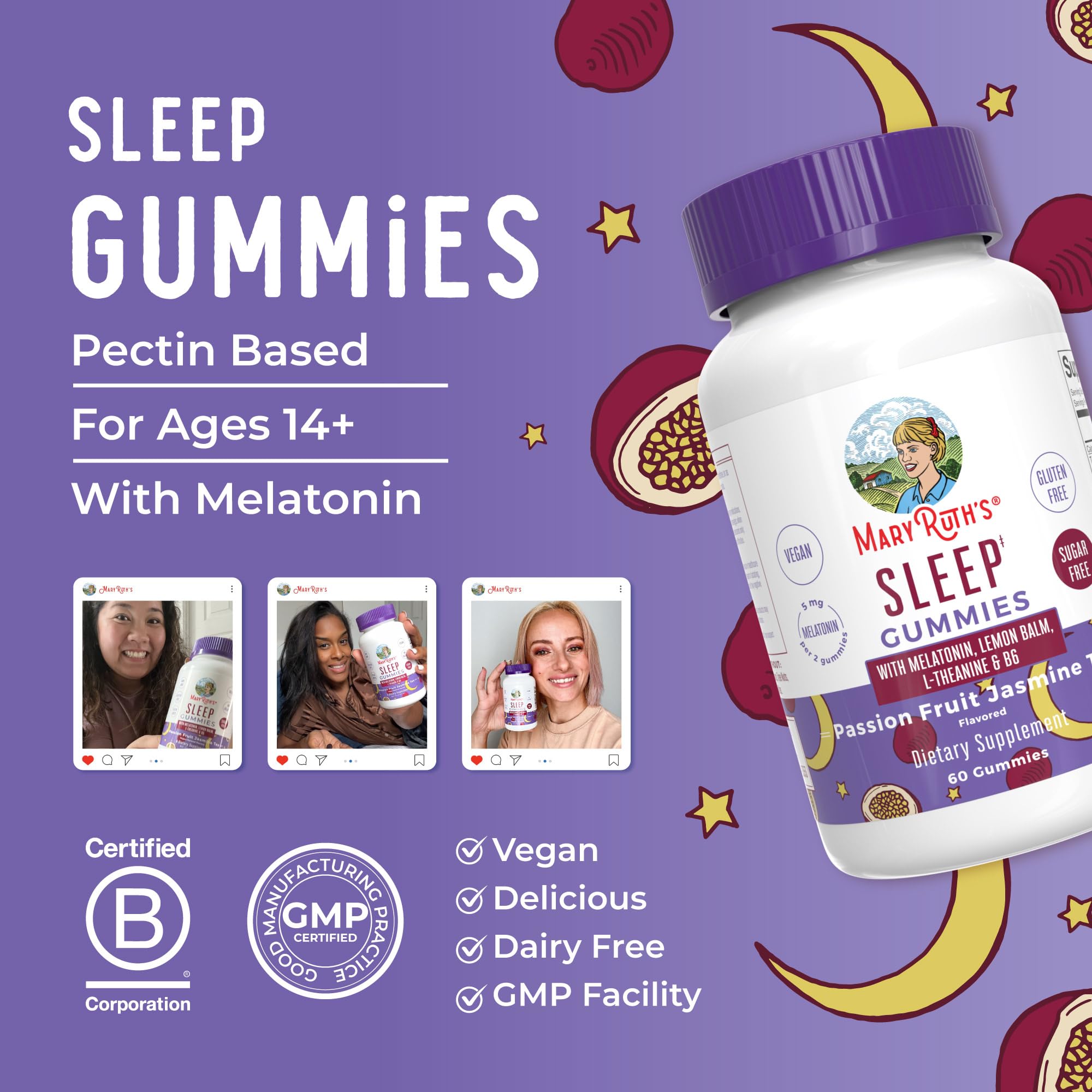 MARYRUTH'S Melatonin 5mg Sleep Gummy with L-Theanine, Lemon Balm, 60 Count