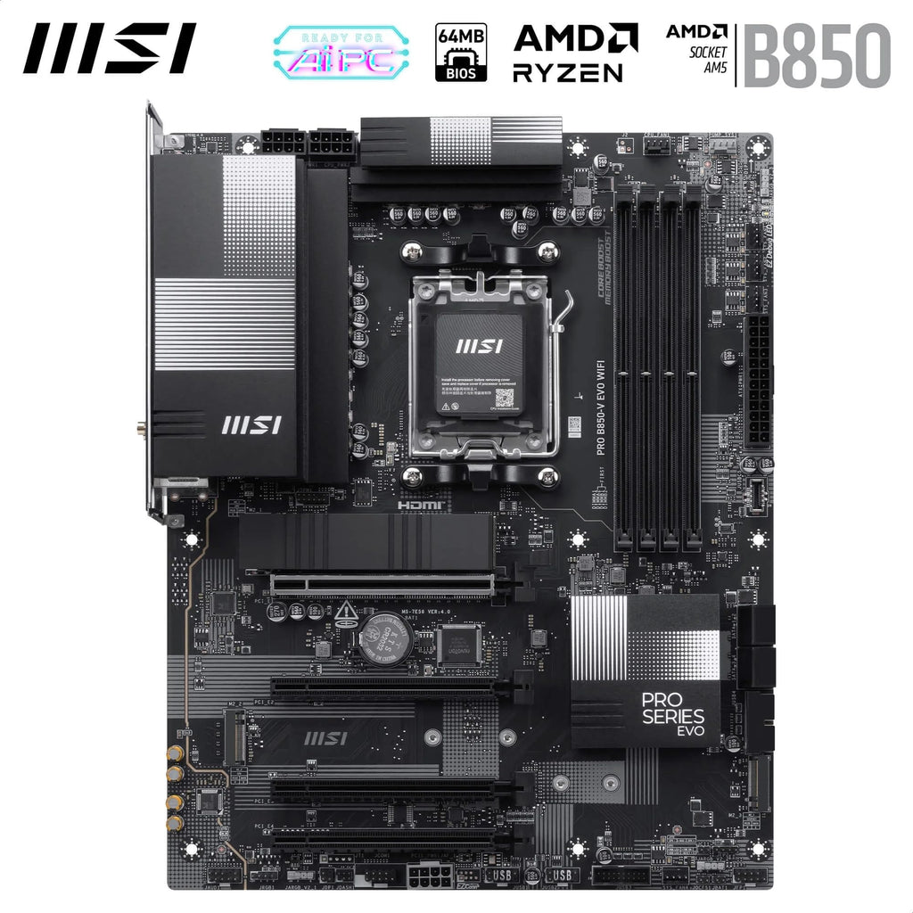 MSI PRO B850-V EVO WiFi Motherboard, ATX - Supports AMD Ryzen 9000/8000 / 7000 Processors, AM5 - DDR5 Memory Boost (up to 8200+ MT/s OC), PCIe 5.0 x16, M.2 Gen5, Wi-Fi 7, 5G LAN
