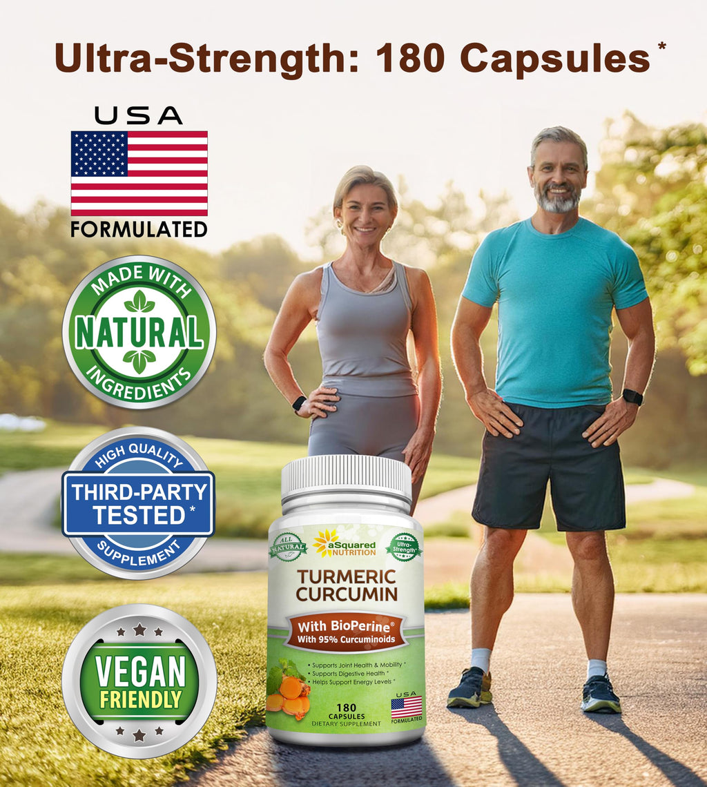 aSquared Nutrition Turmeric Curcumin 1600mg with BioPerine Black Pepper Extract - 180 Capsules with 95% Curcuminoids, 100% Natural Tumeric Root Powder Supplements, Natural Joint Stiffness Relief Pills