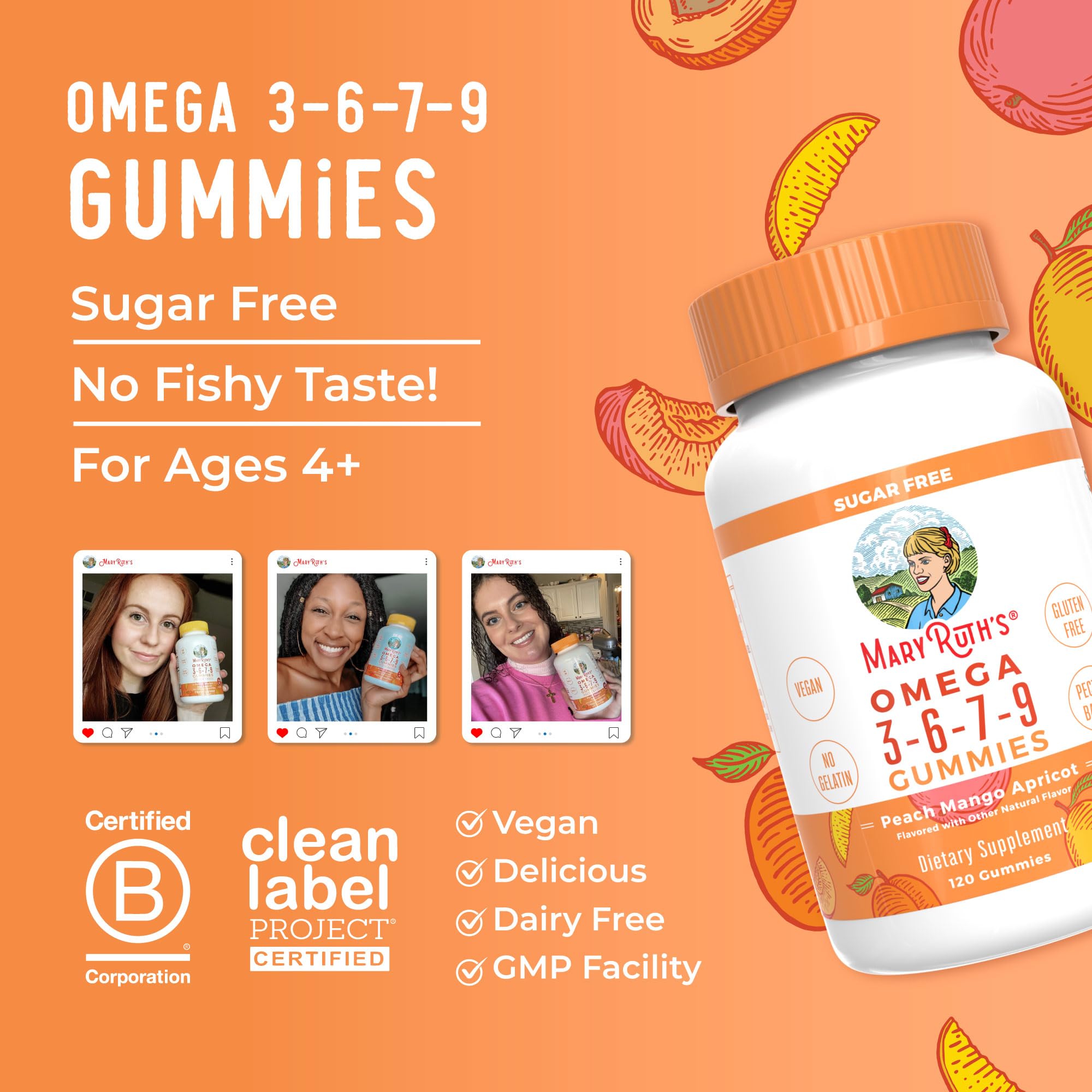 MaryRuth's Vegan Omega 3 6 7 9 Gummies, No Fish Taste, Up to 4 Month Supply