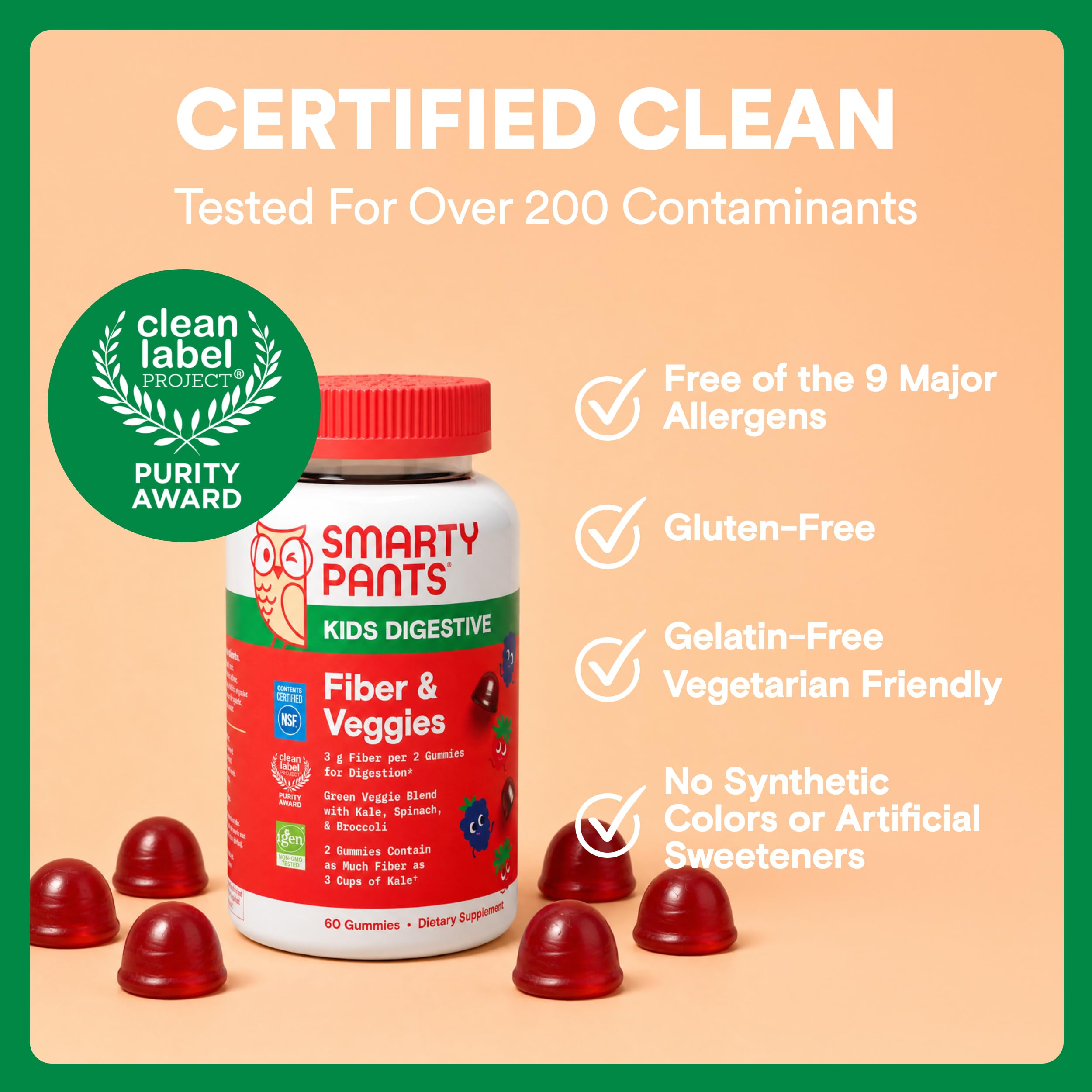 SmartyPants Kids Fiber & Veggies: Prebiotic Fiber Gummies for Kids, Fiber Supplement with Inulin, Organic Green Veggie Blend, Vegan, Gluten Free, Mixed Berry Flavor, 60 Count (30 Day Supply)