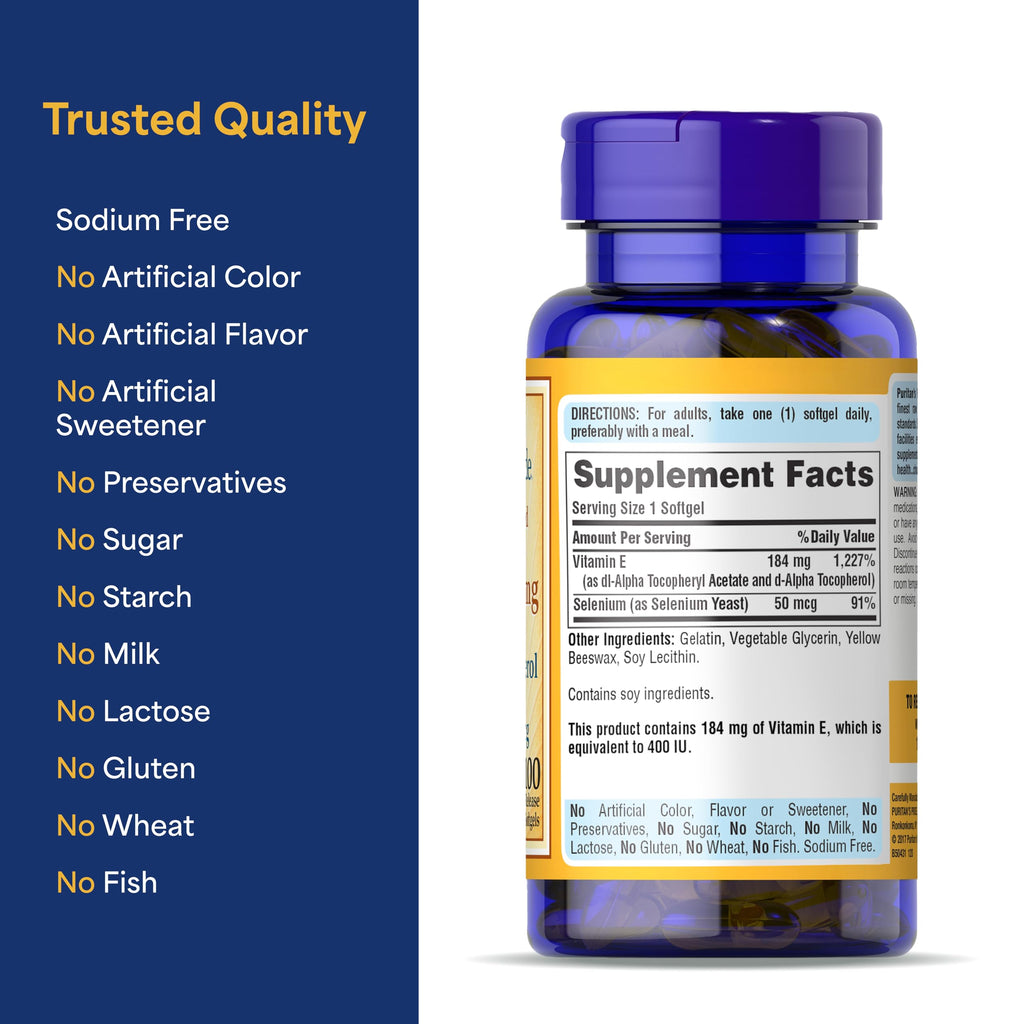 Puritan's Pride Vitamin E 184mg (400 IU) with Selenium 50mcg, Vitamin Supplement For Immune System and Antioxidant Health Support, 3 Month Supply, 100 Rapid Release Softgels