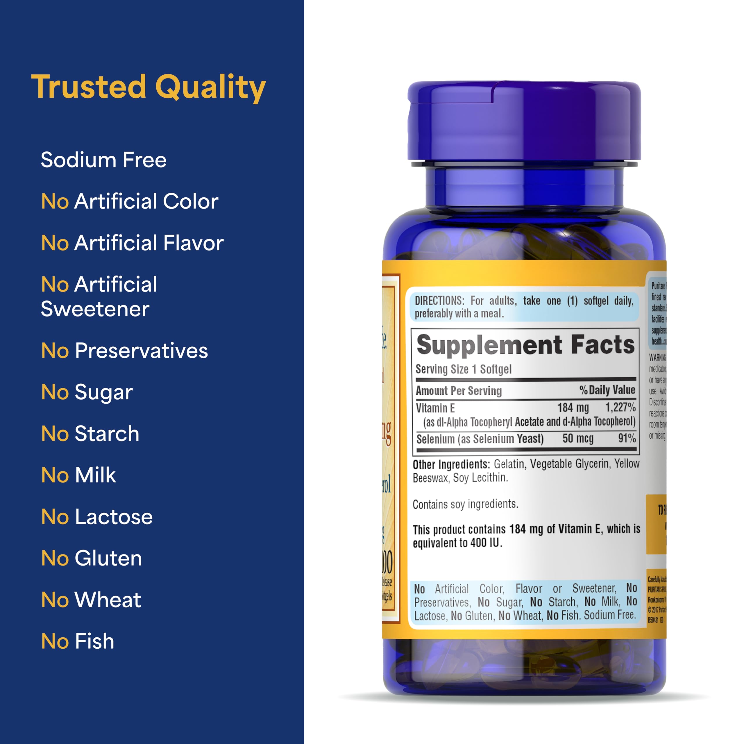 Puritan's Pride Vitamin E 184mg (400 IU) with Selenium 50mcg, Vitamin Supplement For Immune System and Antioxidant Health Support, 3 Month Supply, 100 Rapid Release Softgels