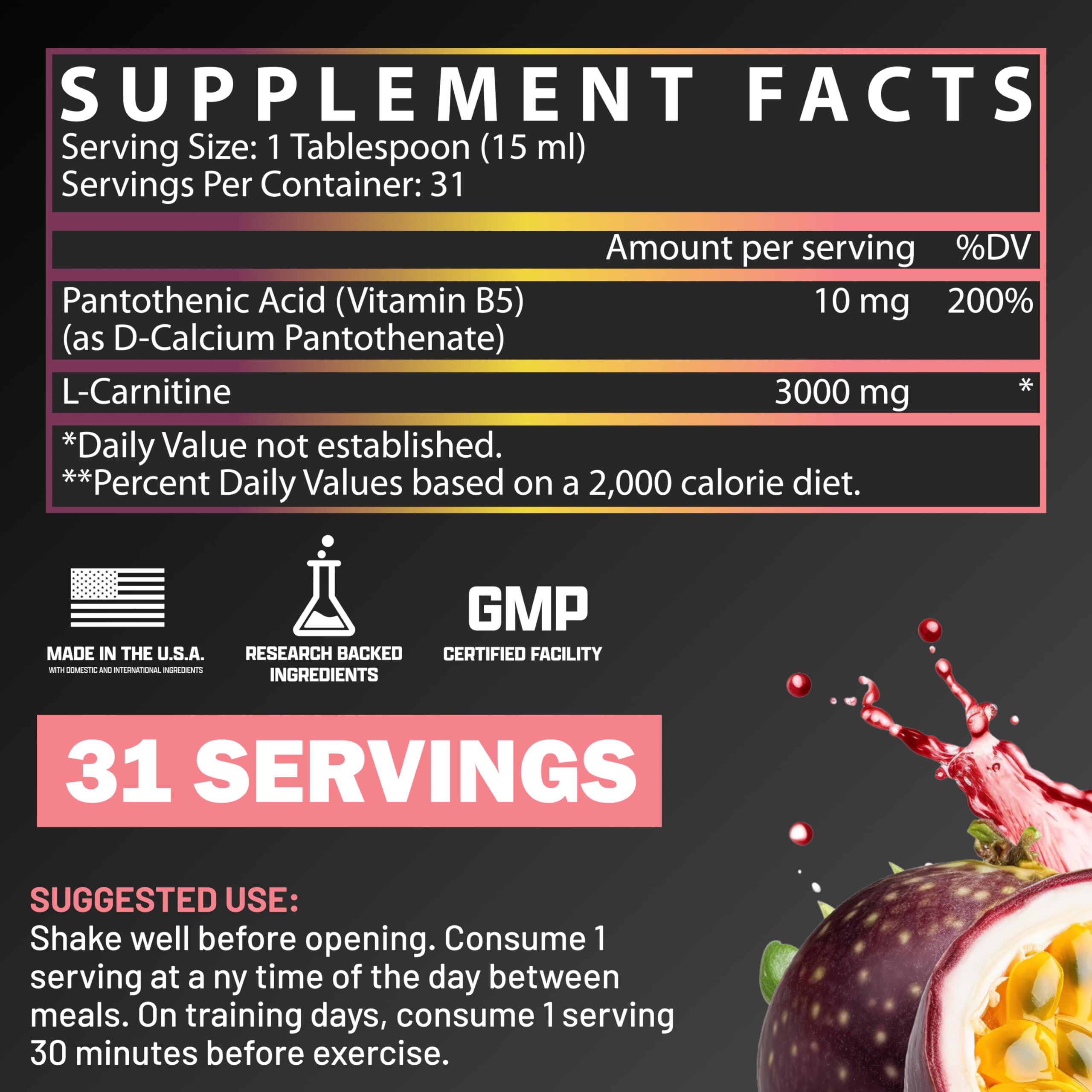 Nutrex Research L Carnitine 3000 - Clinically Dosed L-Carnitine Liquid for Energy, Metabolism & Muscle Recovery - Delicious Passionfruit Guava - No Sugar, No Carbs, No Stimulants - 31 Servings