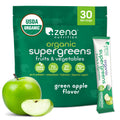 Zena Nutrition Organic Super Greens Powder, 70+ Superfoods, 0 Sugar, 3g Fiber, Spirulina, Chlorella, Mushrooms, Prebiotics/Probiotics, Digestive Enzymes, Gut Health, Green Apple, 30 Drink Mix Packets