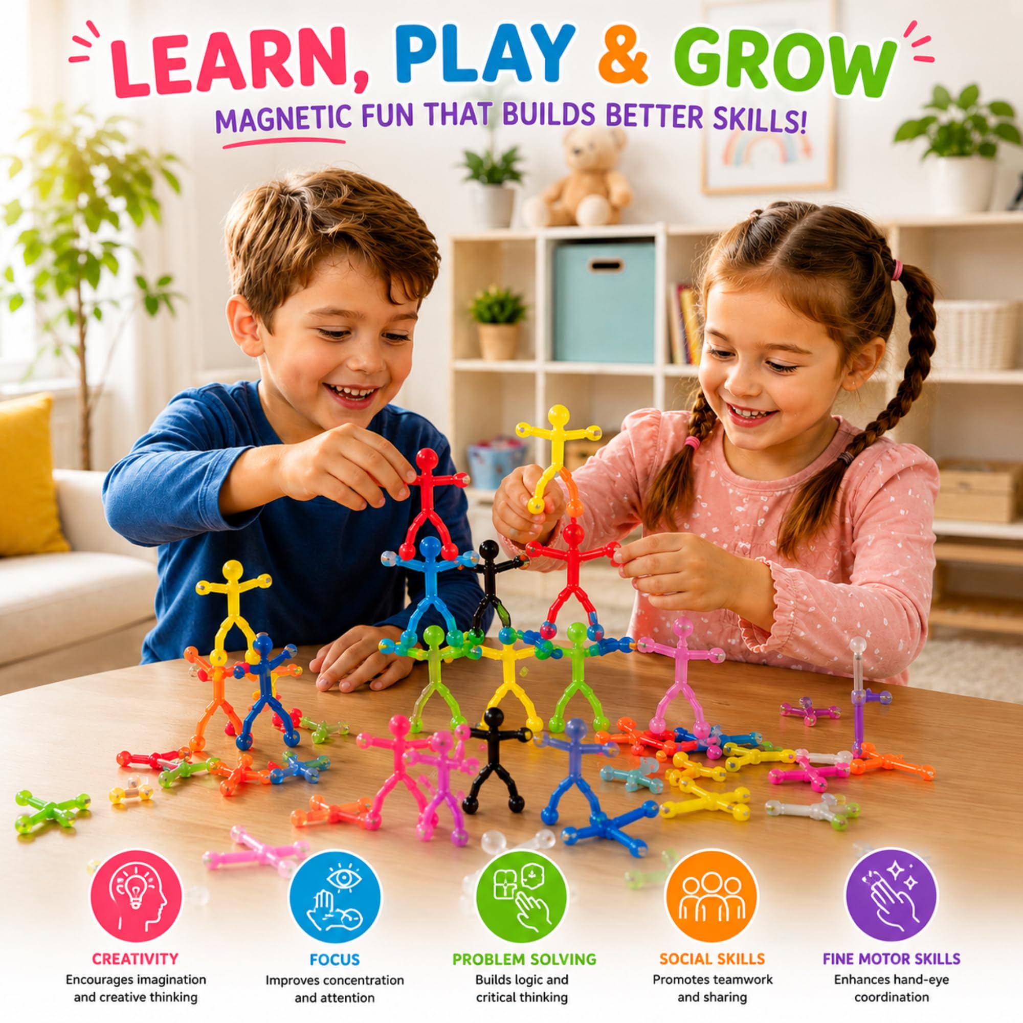 Travel Toys for Kids Ages 3-8, 10 PCS Magnetic Men Figures, Airplane Toy, Road Trip Activities, Sensory Fidget Toys, STEM Building Set, Quiet Screen-Free Toy for Car, Restaurant & Classroom