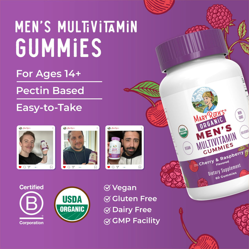 MARYRUTH'S Organic Men's Multivitamin Gummies, Vegan, Non-GMO, 60 Count