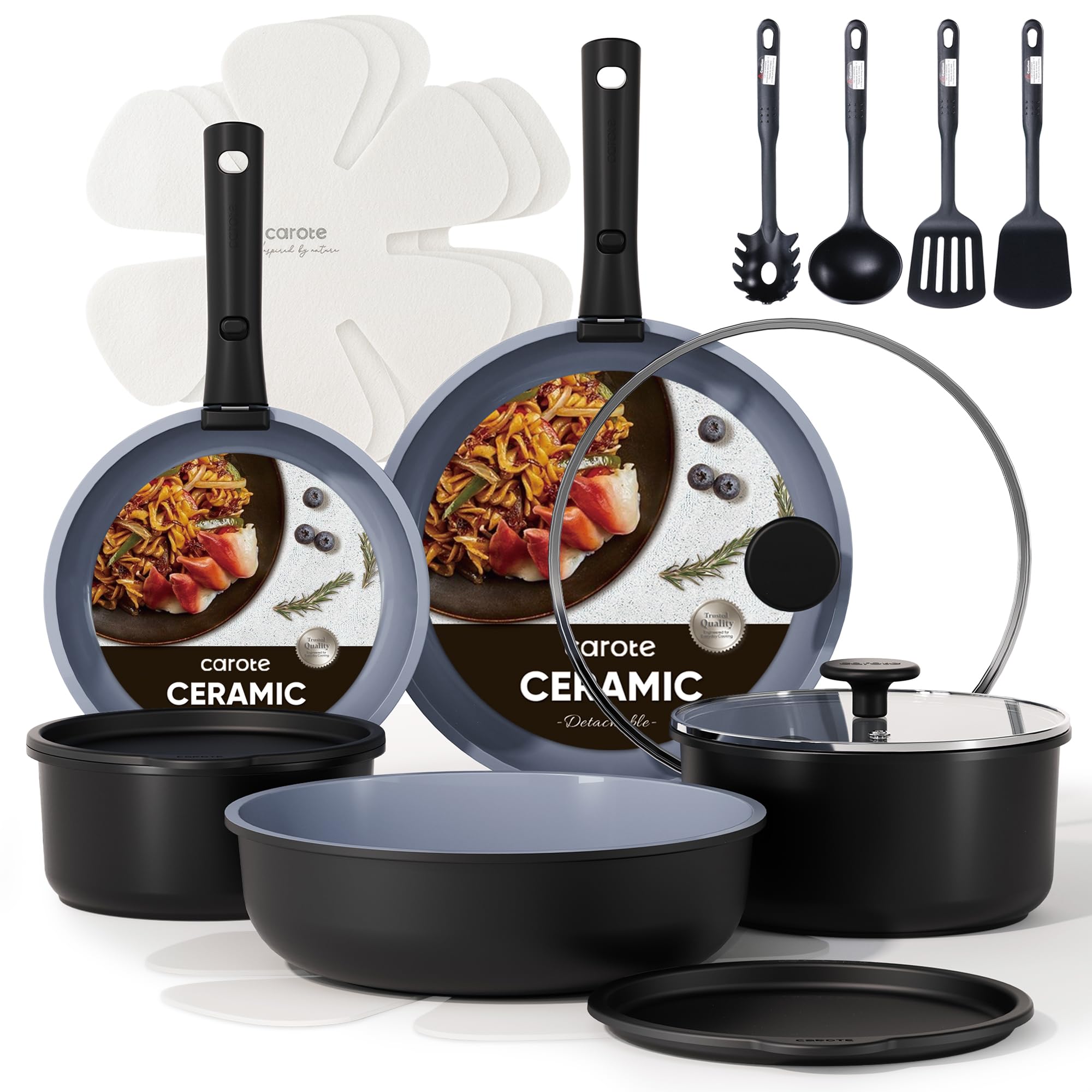 CAROTE 19pcs Ceramic Cookware Set Detachable Handle,Pots and Pans Non Stick