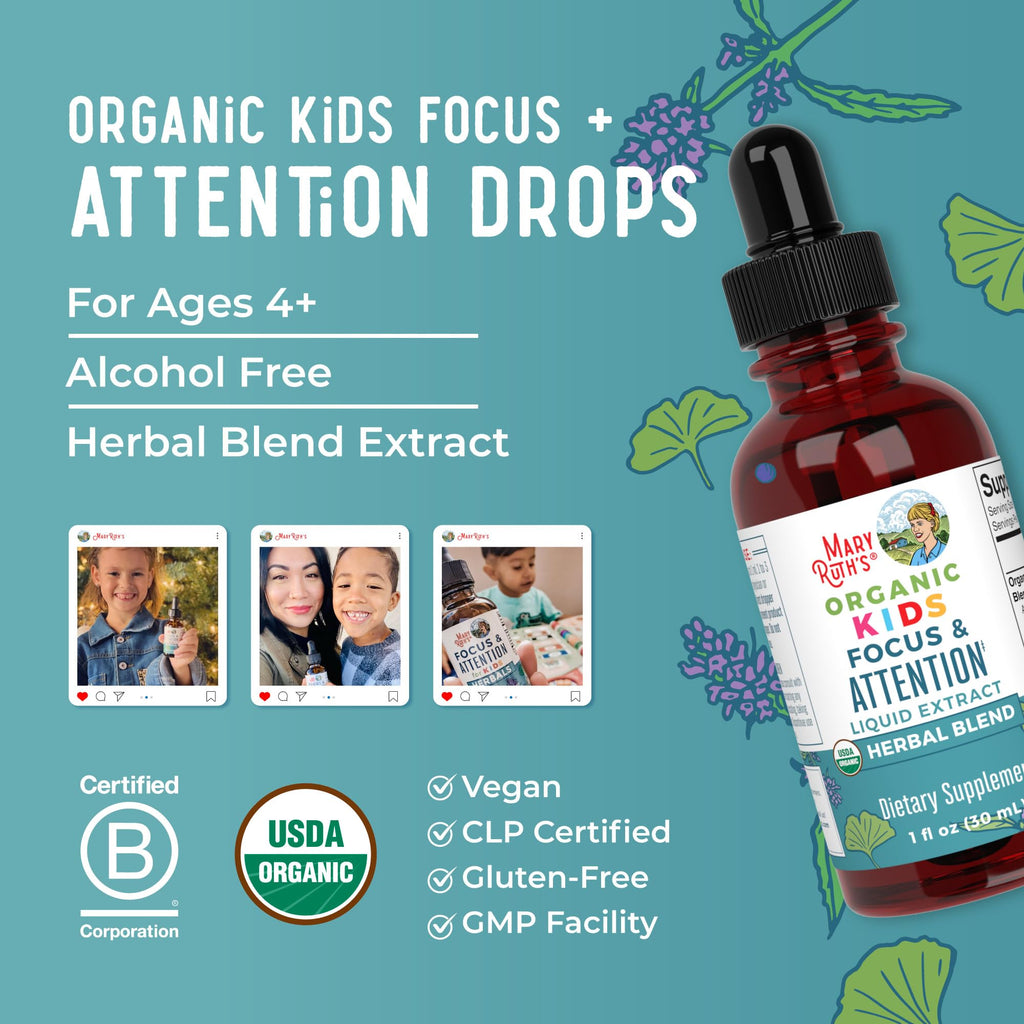 MARYRUTH'S Kids Focus & Attention Drops, USDA Organic Drops, 30 Servings