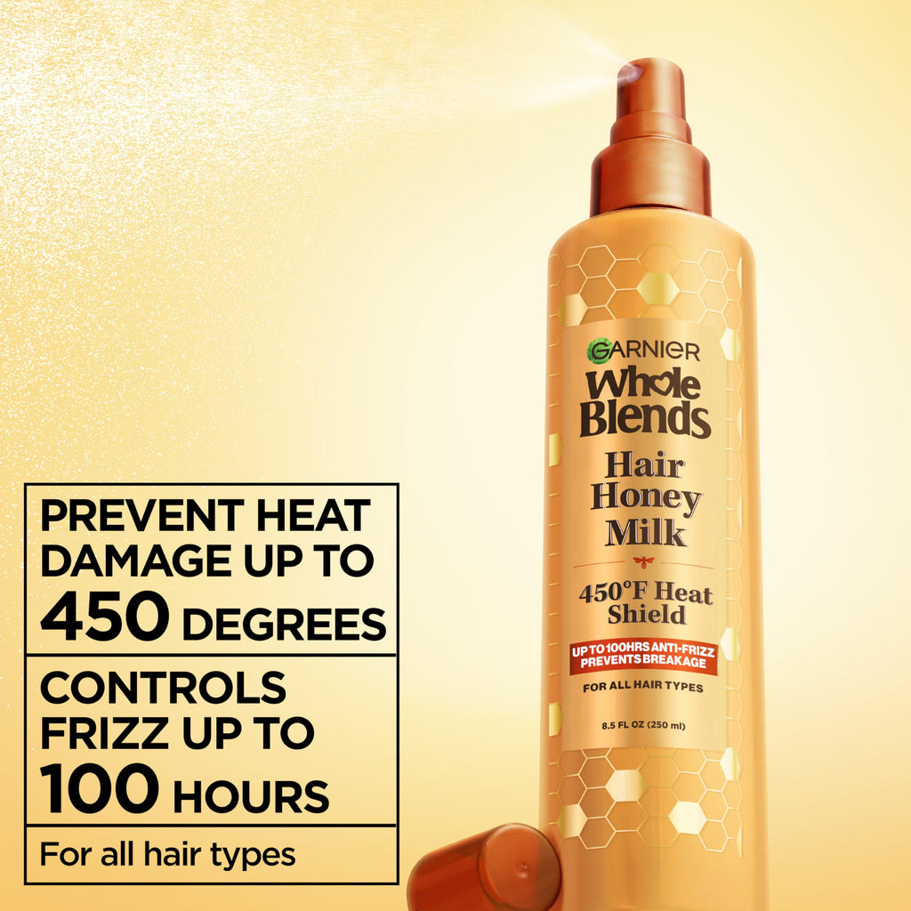 Garnier Whole Blends Hair Honey Milk 450F Heat Protectant Spray, For All Hair Types With Up To 100 Hrs of Frizz Control, 8.5 Fl Oz, 2 Count