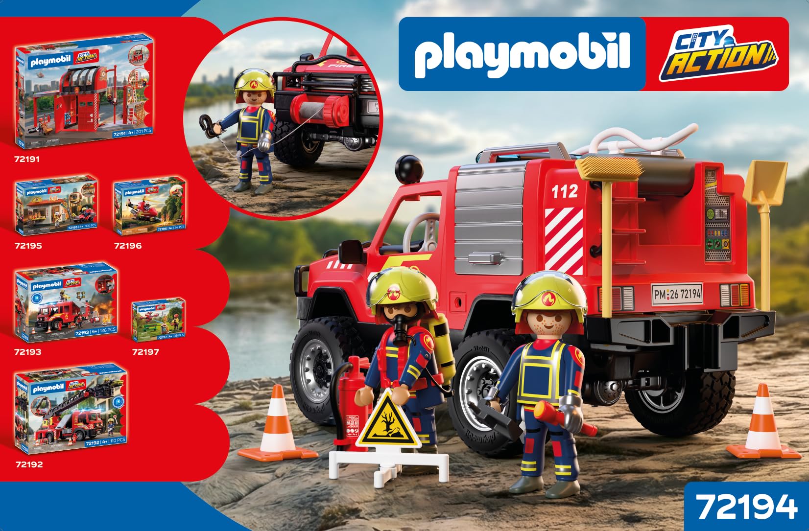 Playmobil | City Action | Fire Pickup Truck | Off‑Road Emergency Vehicle with Real Water Spray Function, Winch & Plenty of Accessories | for Children Aged 4+ | 72194