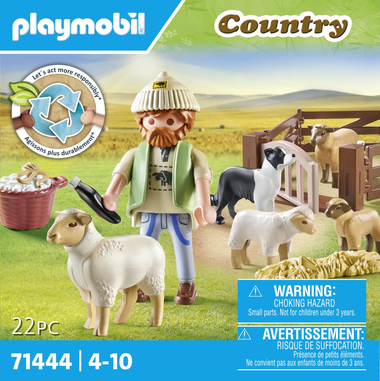 Playmobil 71444 Shepherd with Sheep - Country - with 5 Animals and 1 Character - Toy made with More than 80% recycled or bio-sourced materials on average. Suitable for ages 4 and up