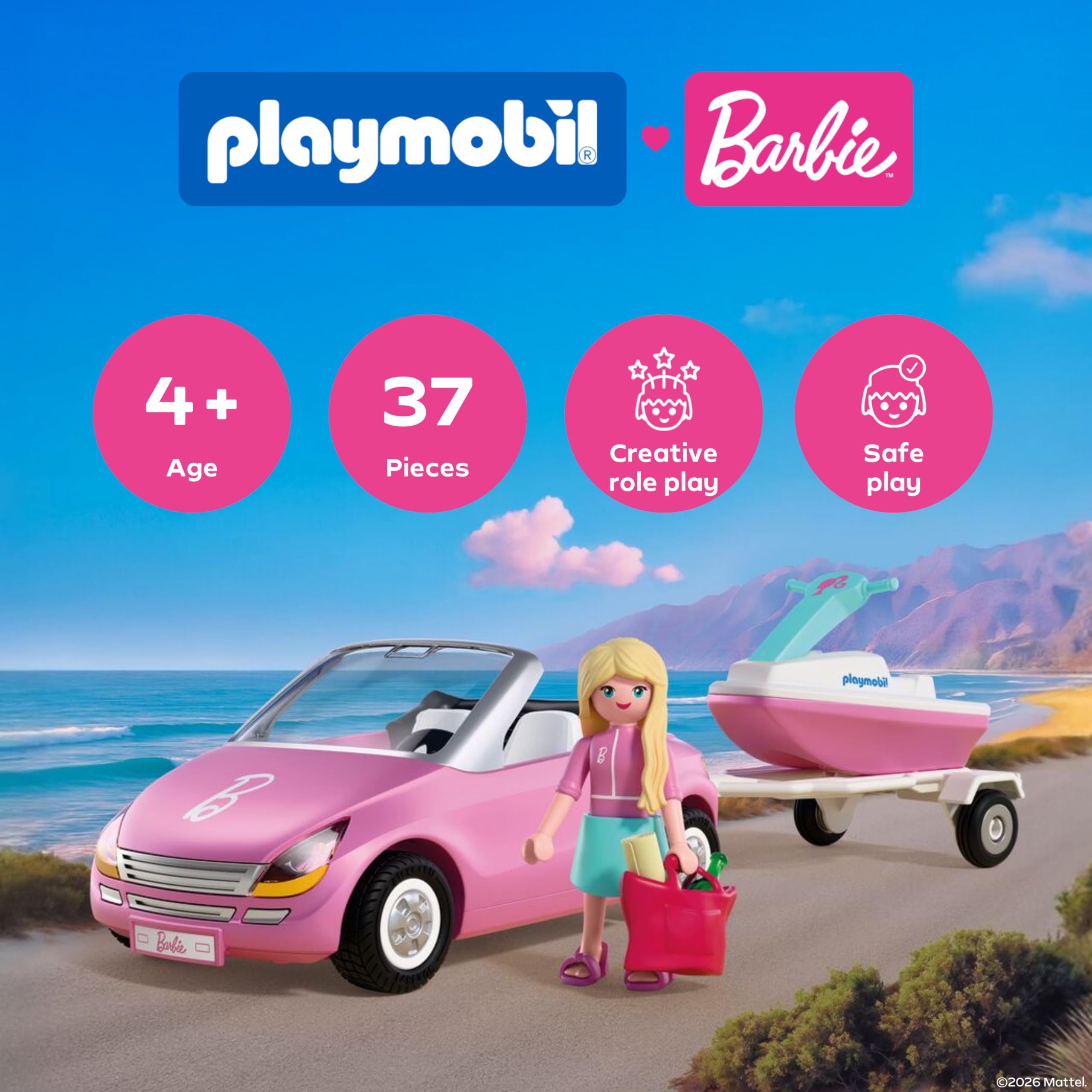 Playmobil | Barbie x Barbie Convertible | Convertible Car with Trailer & Jet Ski | Vehicle & Water Fun | Creative Playset for Children Aged 4+ | 72123