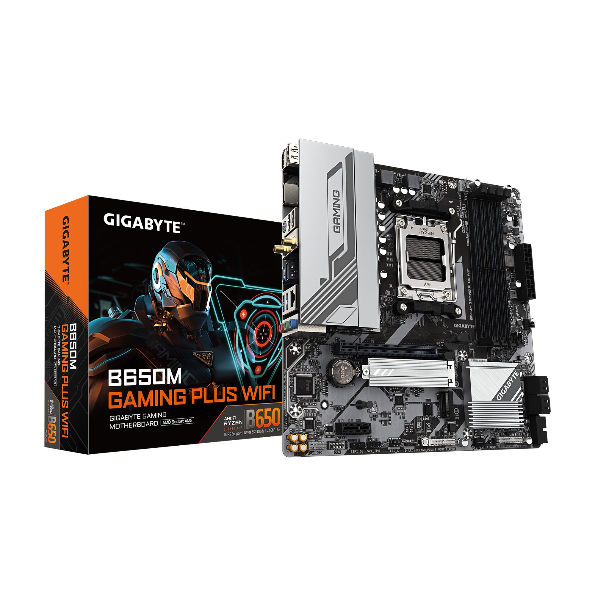 GIGABYTE B650M GAMING PLUS WIFI AMD AM5 mATX Motherboard, Support Ryzen 9000/8000/7000 Series, DDR5, 5+2+2 Power Phase, 2x M.2, PCIe 4.0, USB-C 3.2 Gen 1, WIFI6E, 2.5GbE, EZ-Latch, Q-Flash, RGB Fusion