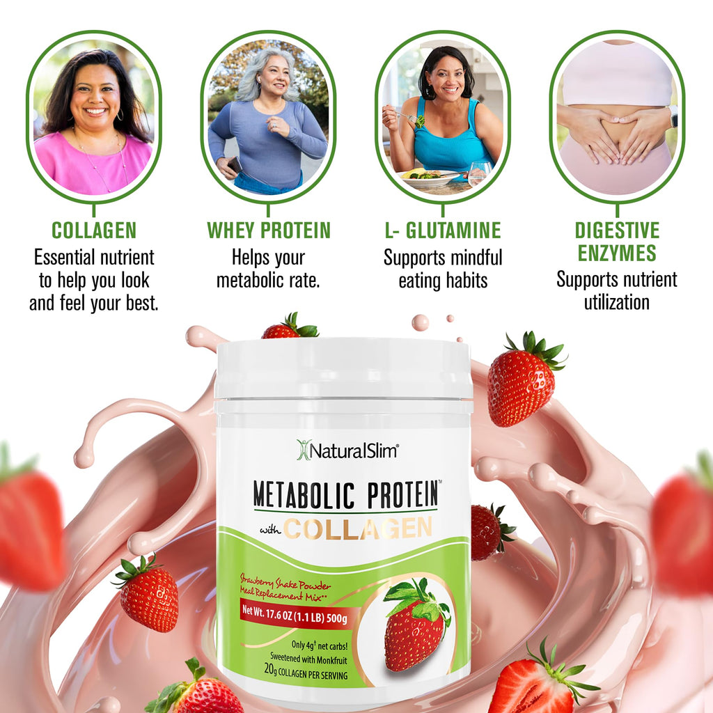 NaturalSlim Metabolic Protein Powder with Collagen | Whey Protein & L-Glutamine | Supports Metabolism, Digestion, Skin & Muscle | Low Carb | 17.06 oz Strawberry