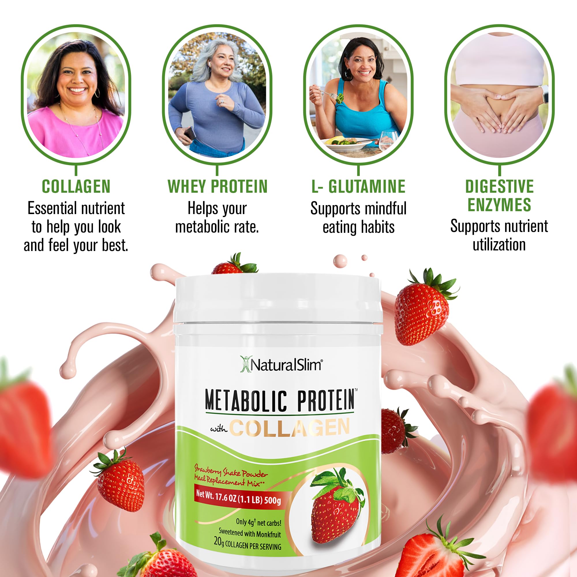 NaturalSlim Metabolic Protein Powder with Collagen | Whey Protein & L-Glutamine | Supports Metabolism, Digestion, Skin & Muscle | Low Carb | 17.06 oz Strawberry