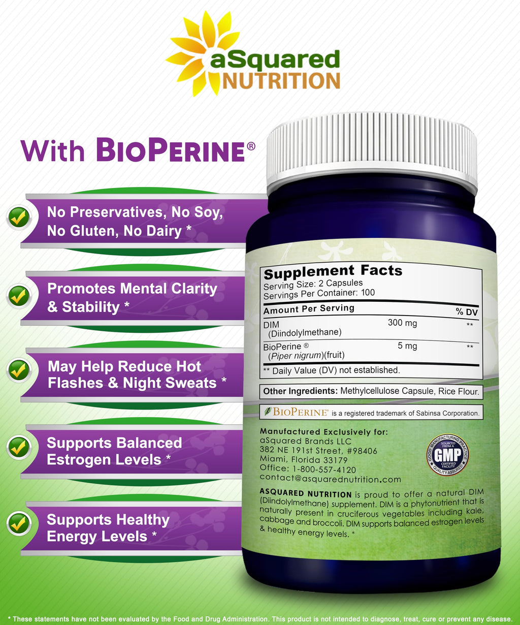 aSquared Nutrition DIM Supplement 300mg Per Serving Plus BioPerine - 200 Veggie Capsules - Diindolylmethane DIM Max Strength Pills to Support Estrogen Metabolism & Balance, Menopause, Hormonal Acne