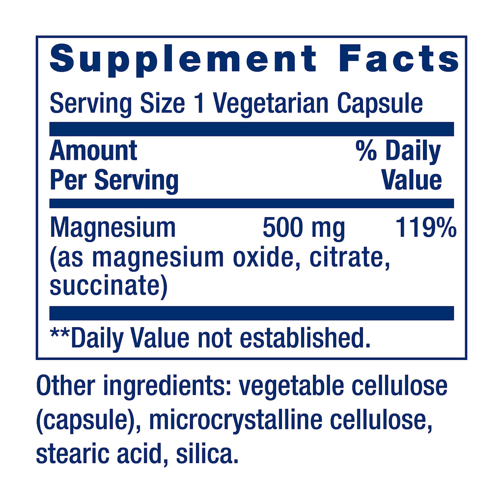 Life Extension Magnesium Caps, 500 mg, Magnesium Oxide, Citrate, Succinate, Heart Health, Healthy Bones, Metabolism Support, 100 Vegetarian Capsules (Pack of 2)
