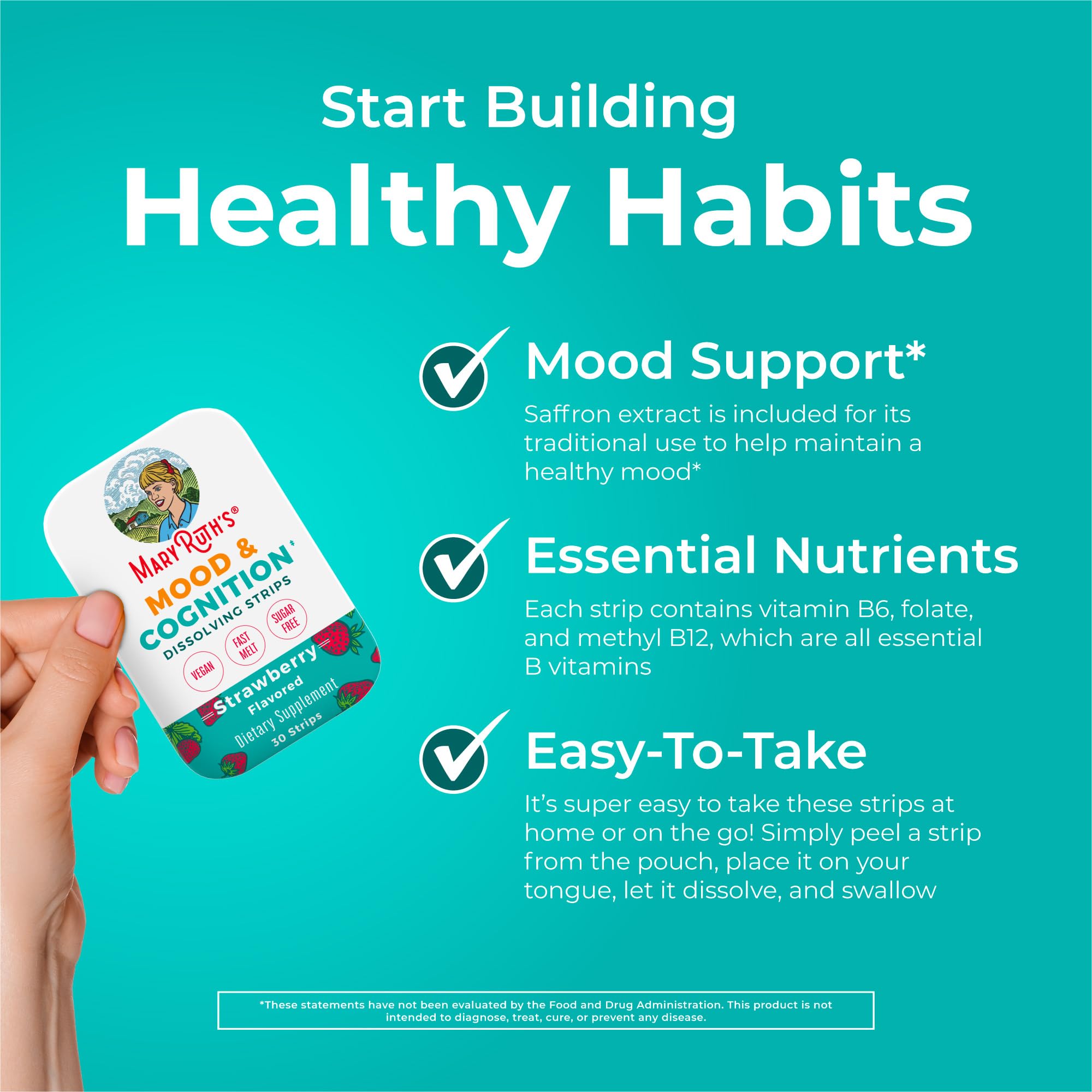MARYRUTH'S Mood & Cognition Dissolving Strips, Vitamin B12, 30 Count