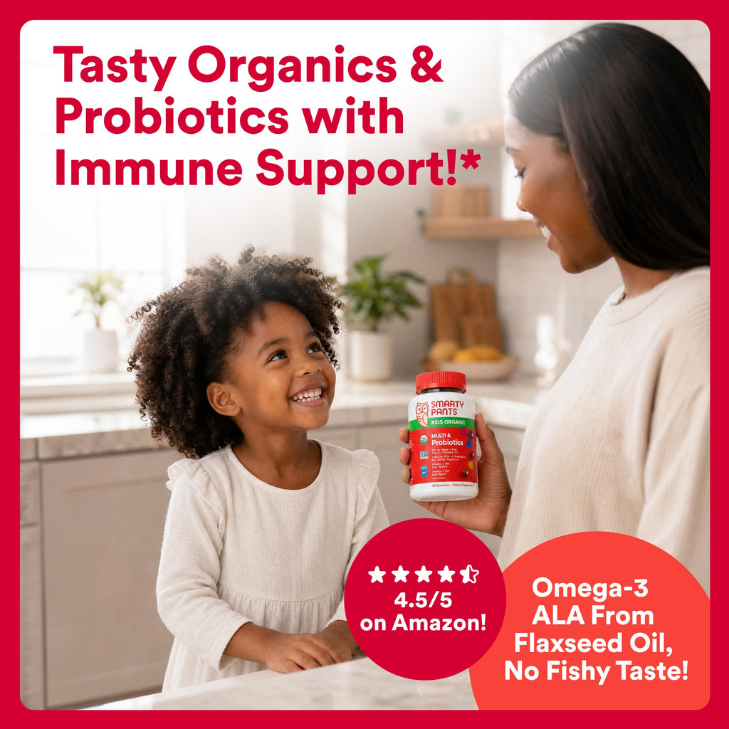 SmartyPants Organic Kids Multivitamin Gummies: Probiotics, Omega 3 (ALA), Vitamin D3, C, Vitamin B12, B6, A, K & Zinc for Immune Support, Biotin, Three Fruit Flavors, 120 Count (30 Day Supply)