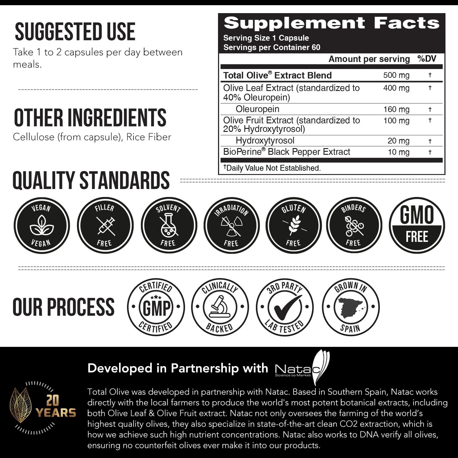 Total Olive® - Olive Leaf Extract (40% Oleuropein) Plus Olive Fruit Extract (20% Hydroxytyrosol) – Full Spectrum Extract Grown & Extracted in Spain – BioPerine Absorption Enhancement (60 Count)