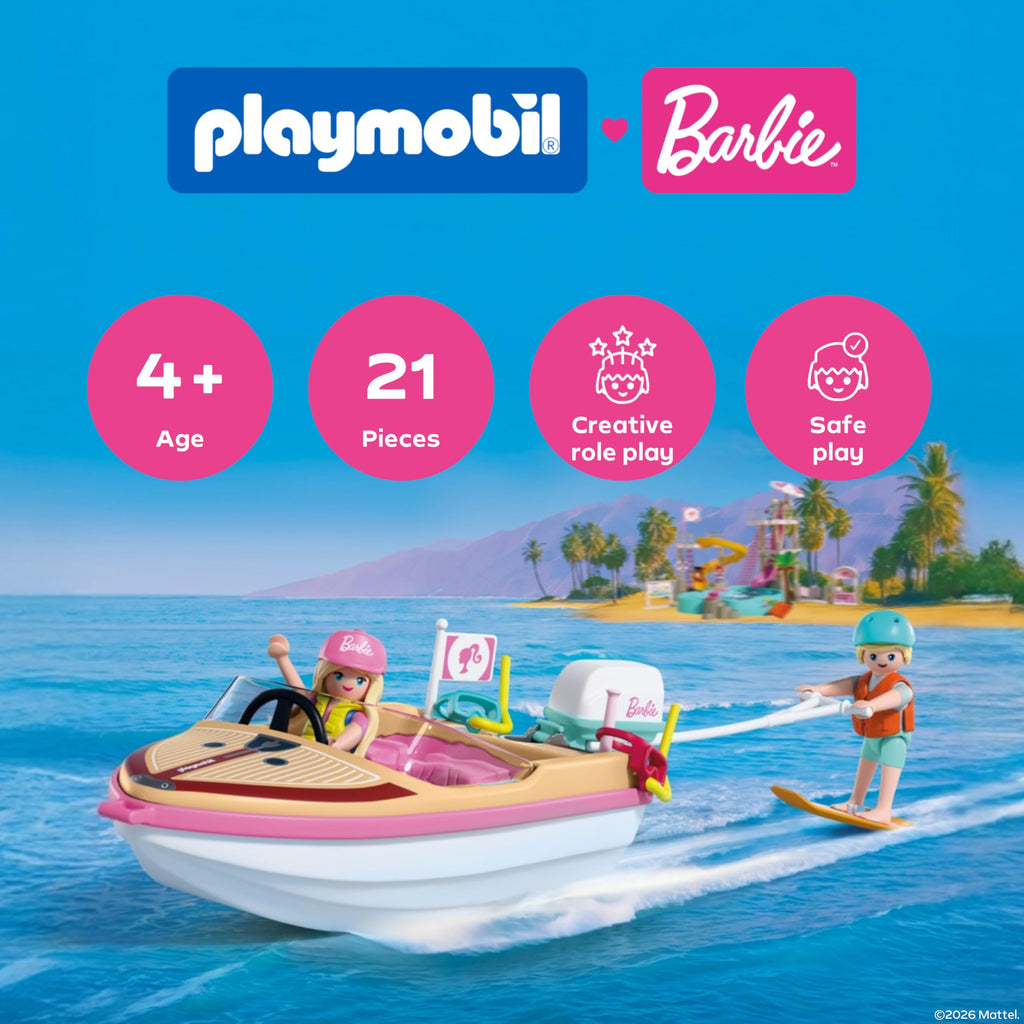 Playmobil | Barbie x Barbie Adventure Boat | Speedboat with Barbie & Ken | Malibu Summer Vibes & Water Adventure | Creative Playset for Children Aged 4+ | 72122