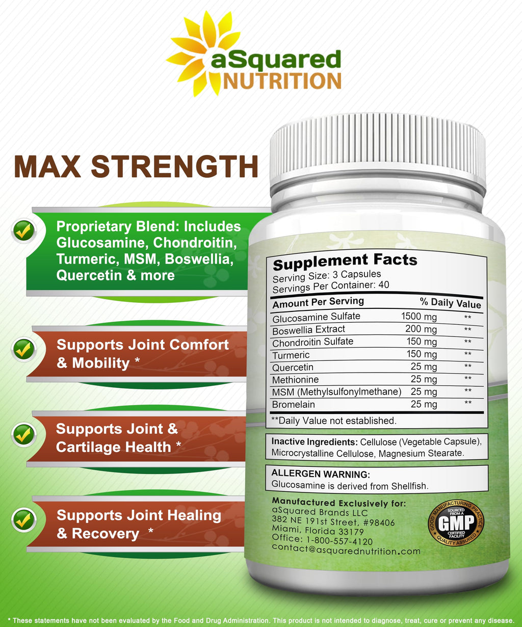 aSquared Nutrition Glucosamine Chondroitin Turmeric MSM Boswellia - 120 Capsules - Joint Support Supplement - Joint Support Relief Pills for Health - Natural Supplement for Back, Knee & Hands