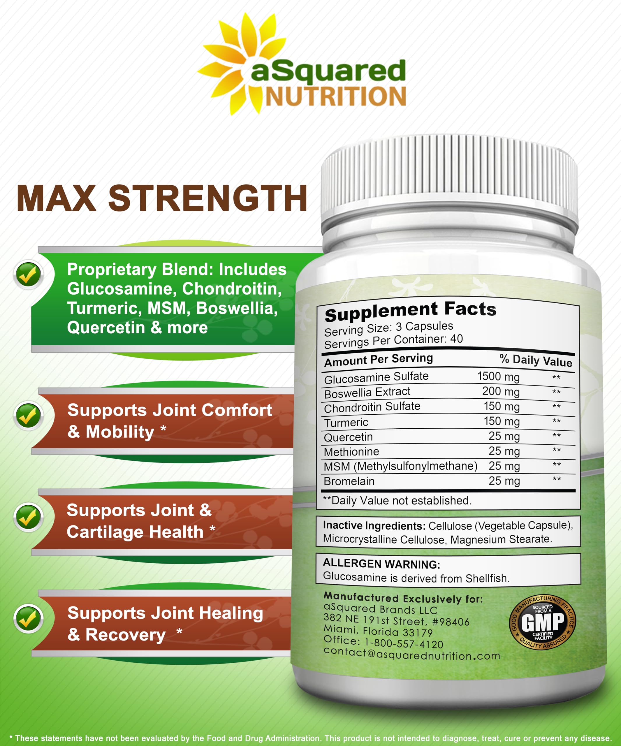 aSquared Nutrition Glucosamine Chondroitin Turmeric MSM Boswellia - 120 Capsules - Joint Support Supplement - Joint Support Relief Pills for Health - Natural Supplement for Back, Knee & Hands