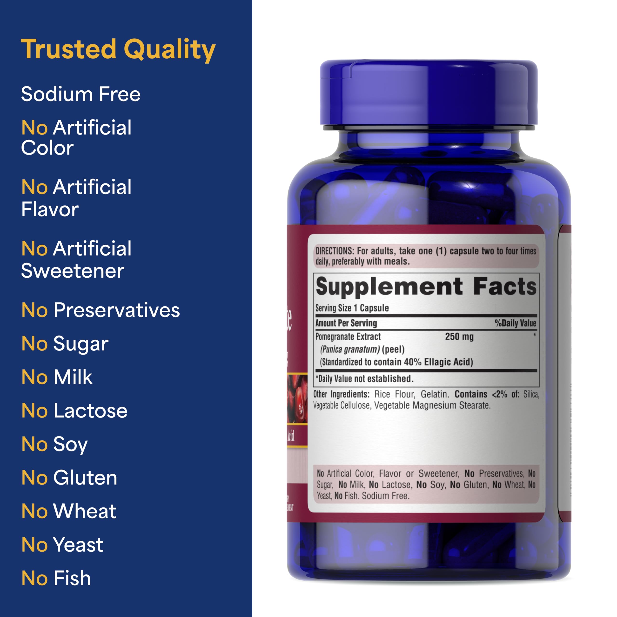 Puritan's Pride Premium Pomegranate Extract 250mg, Dietary Supplement for Antioxidant Health and Healthy Aging Program, 40% Ellagic Acid,120 Rapid Release Capsules (Packaging May Vary)