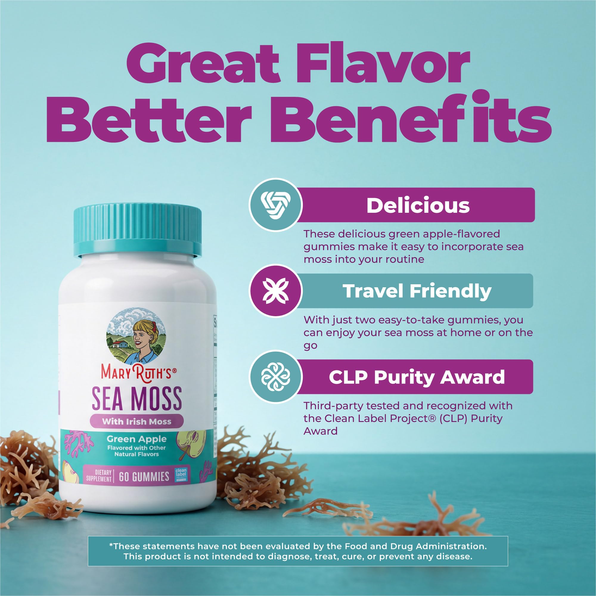 MARYRUTH'S Sea Moss Gummies, Sugar Free Made with Irish Sea Moss, 60 Count