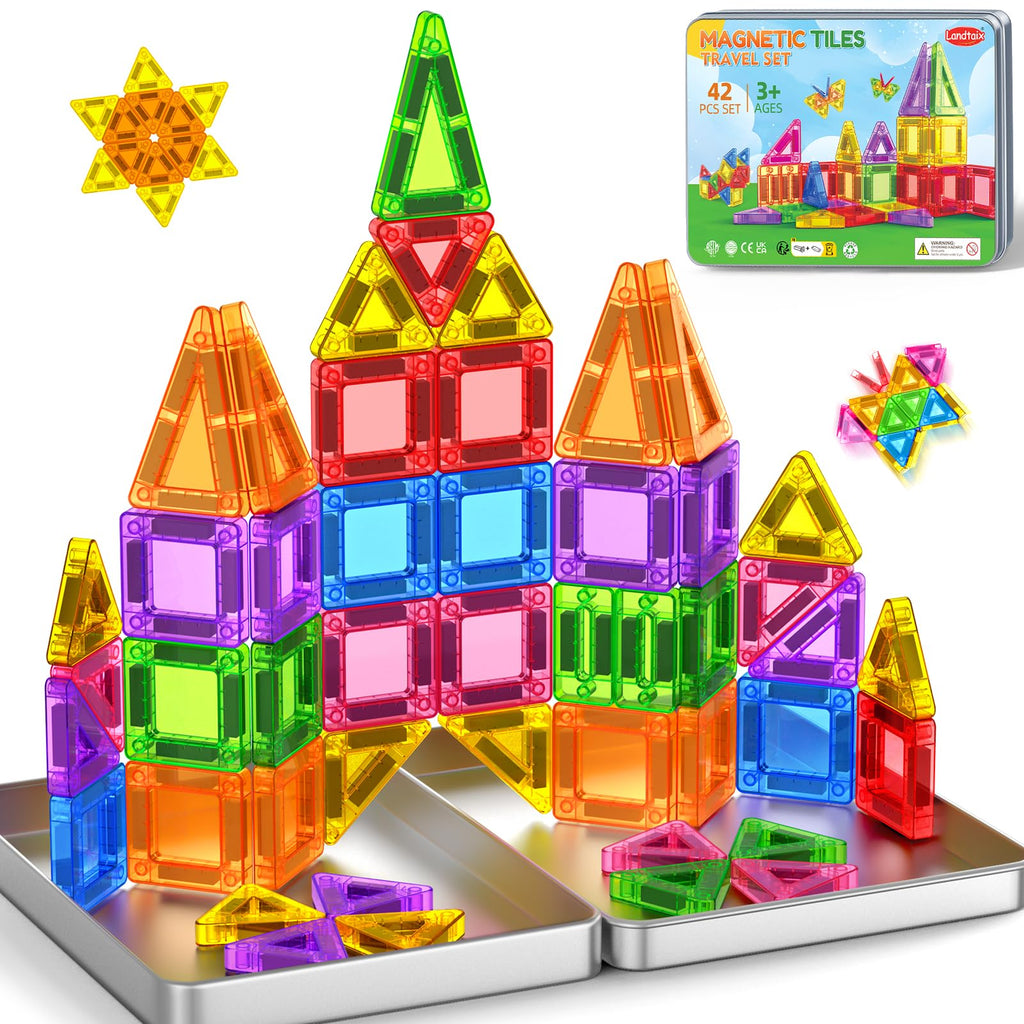 Landtaix Mini Magnetic Tiles Travel Set Magnetic Tiles with Iron Box 42PCS