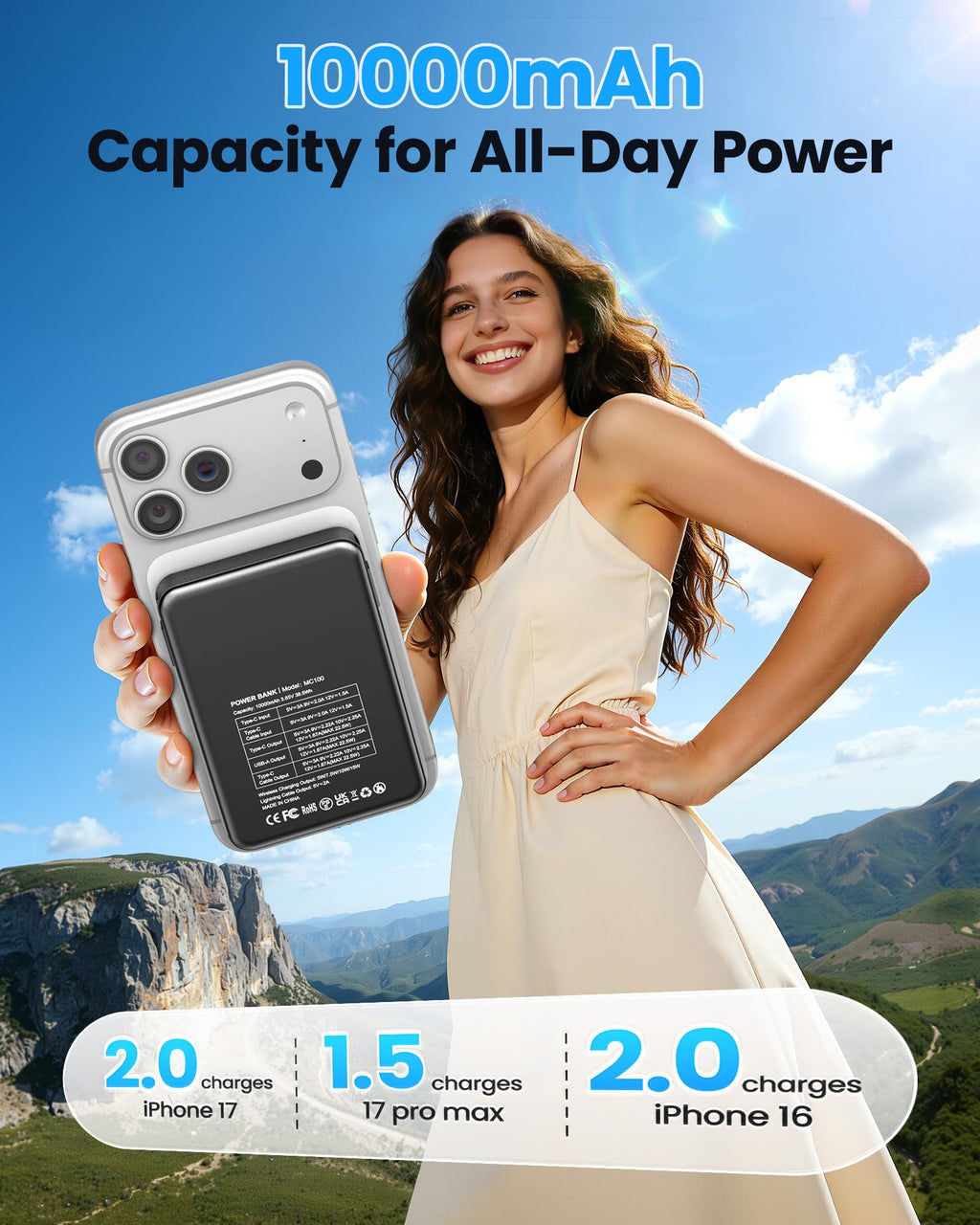 Magnetic Portable Charger, Power Bank Fast Charging 22.5W 10000mAh, Portable Charger with Built in Cable, for Magsafe Battery Pack Compatible with iPhone 17/16/15/14/13/12 Pro/Pro Max, Samsung Black