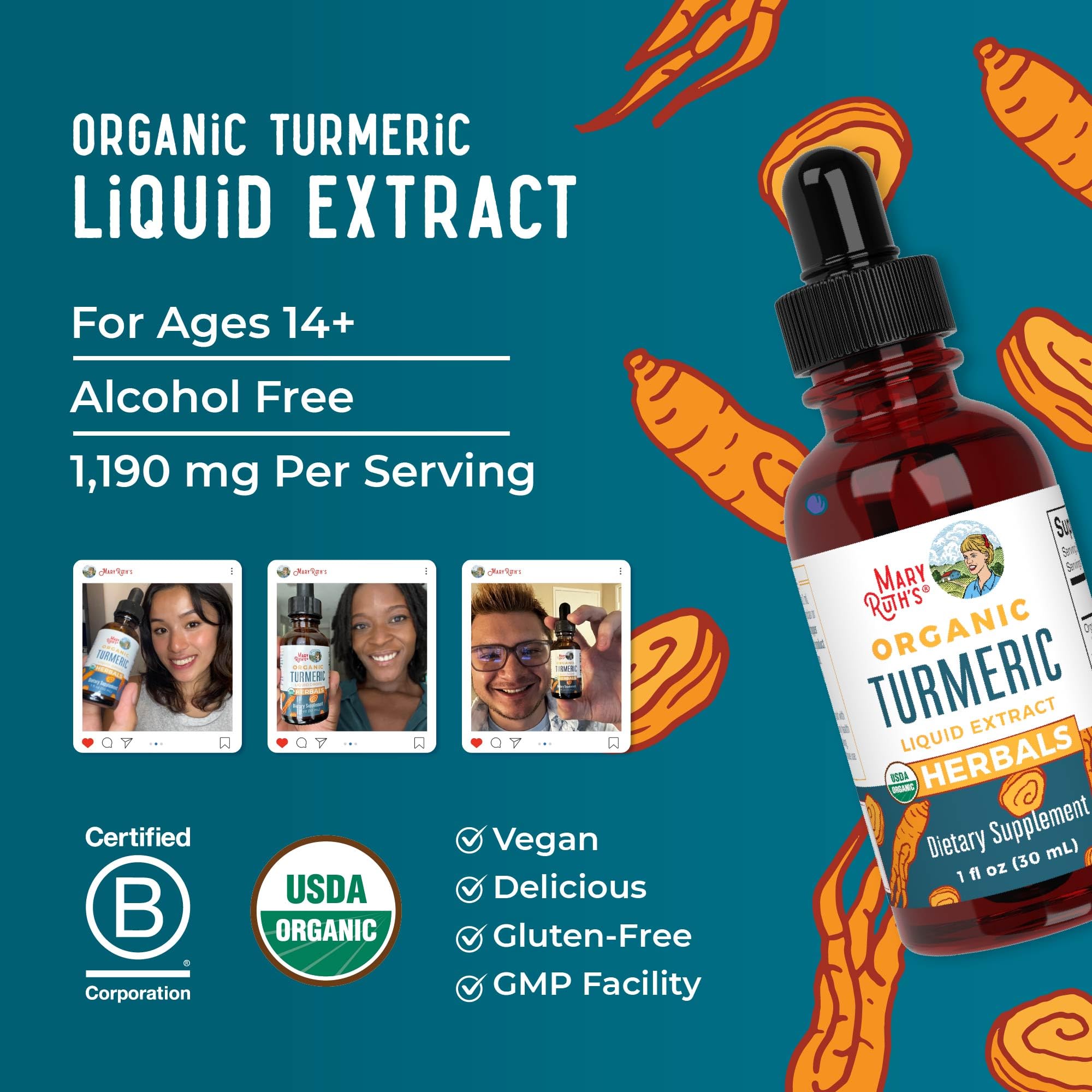 MARYRUTH'S Organic Turmeric Root Liquid Extract, Sugar Free, 1 Fl Oz